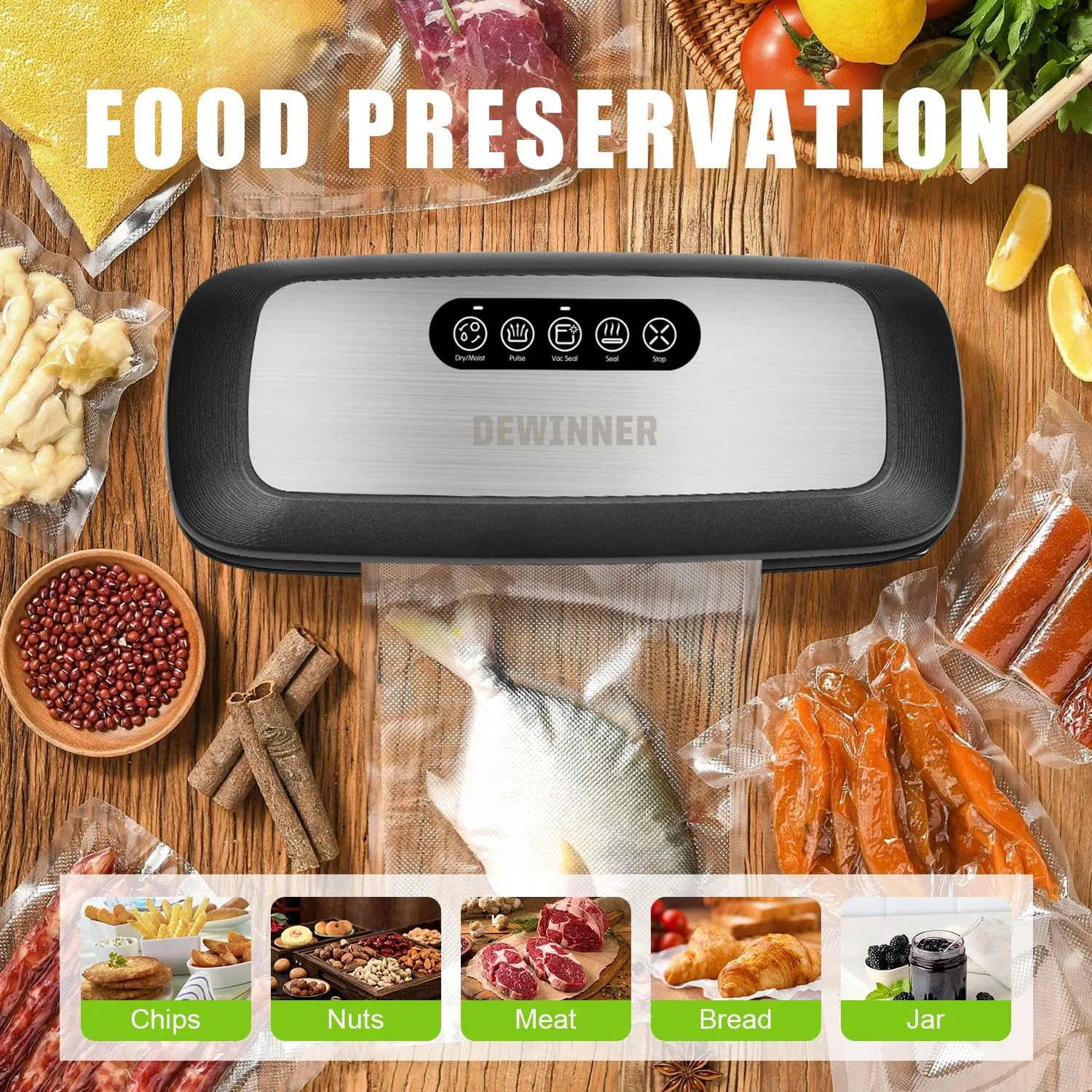 دستگاه وکیوم بسته بندی مواد غذایی 5 در 1، دستگاه بسته بندی خودکار DEWINNER همراه با 20 کیسه بسته بندی رایگان، سیستم بسته بندی هوا برای نگهداری و حفظ مواد غذایی، صرفه جویی در حالت مرطوب/خشک
