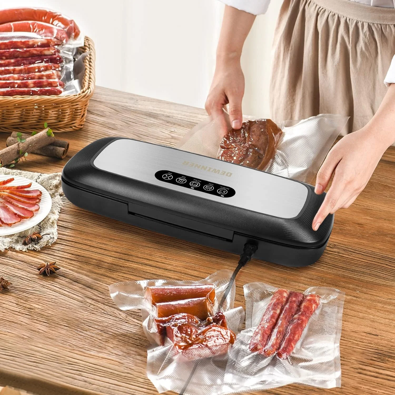 دستگاه وکیوم بسته بندی مواد غذایی 5 در 1، دستگاه بسته بندی خودکار DEWINNER همراه با 20 کیسه بسته بندی رایگان، سیستم بسته بندی هوا برای نگهداری و حفظ مواد غذایی، صرفه جویی در حالت مرطوب/خشک