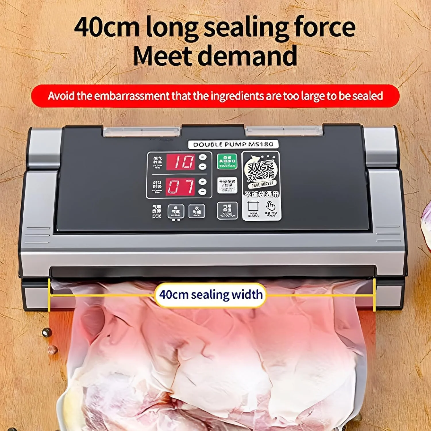 دستگاه وکیوم سیلر، دستگاه کوچک خانگی برای نگهداری مواد غذایی، با طول دوخت ۴۰ سانتی‌متر، مناسب برای بسته‌بندی مواد غذایی خشک و مرطوب، دارای عملکرد باد کردن هوا، برای حفظ تازگی مواد غذایی خشک و مرطوب