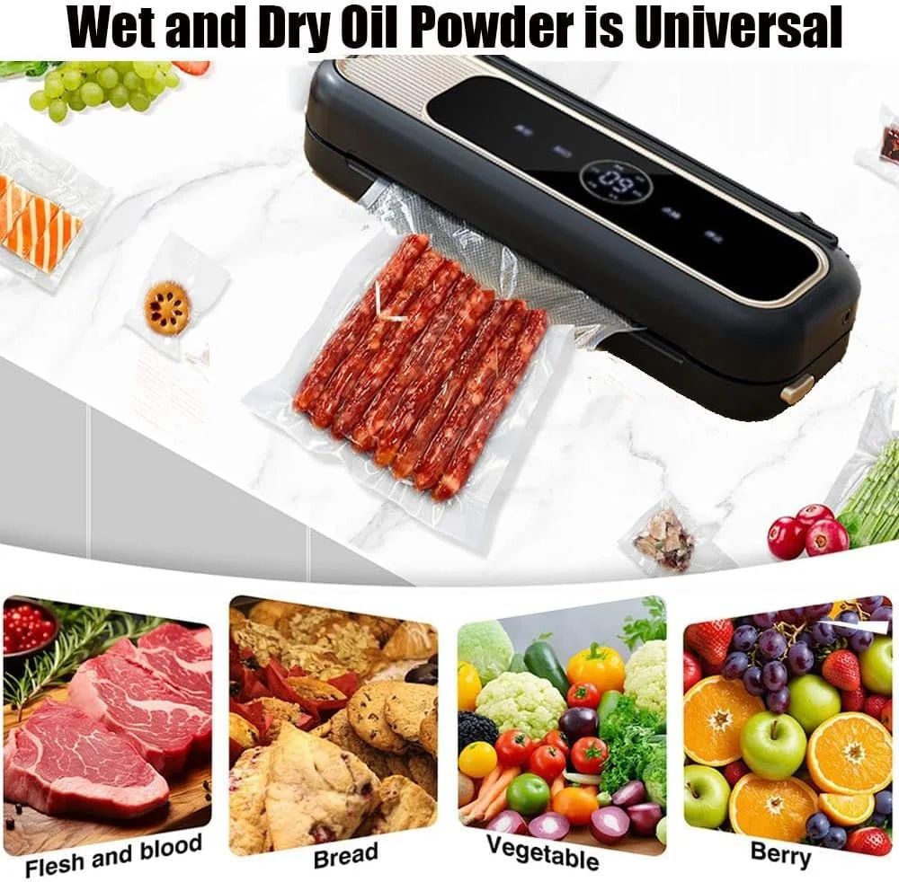 دستگاه وکیوم سیلر غذا، 65 کیلو پاسکال، دارای مُدهای مختلف، دارای عملکرد آسان و چراغ LED، مناسب برای نگهداری مواد غذایی خشک و مرطوب به همراه 10 عدد کیسه وکیوم