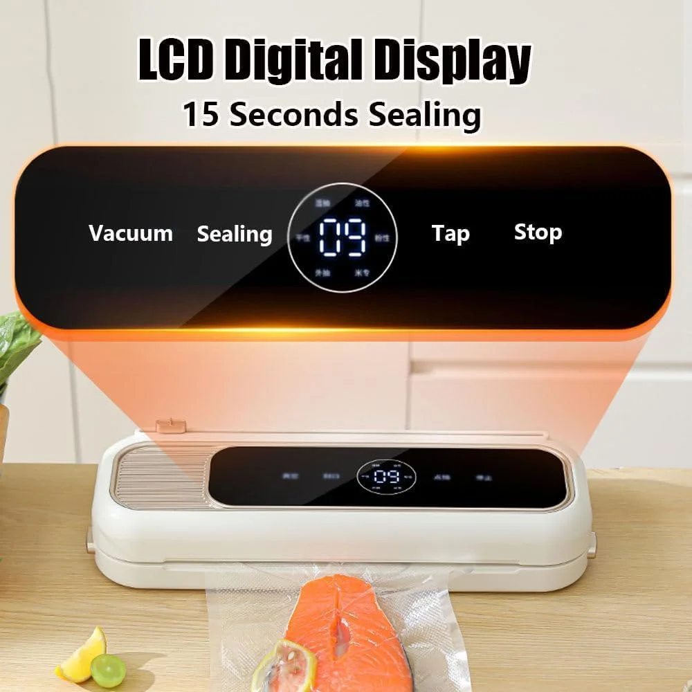 دستگاه وکیوم سیلر غذا، 65 کیلو پاسکال، دارای مُدهای مختلف، دارای عملکرد آسان و چراغ LED، مناسب برای نگهداری مواد غذایی خشک و مرطوب به همراه 10 عدد کیسه وکیوم