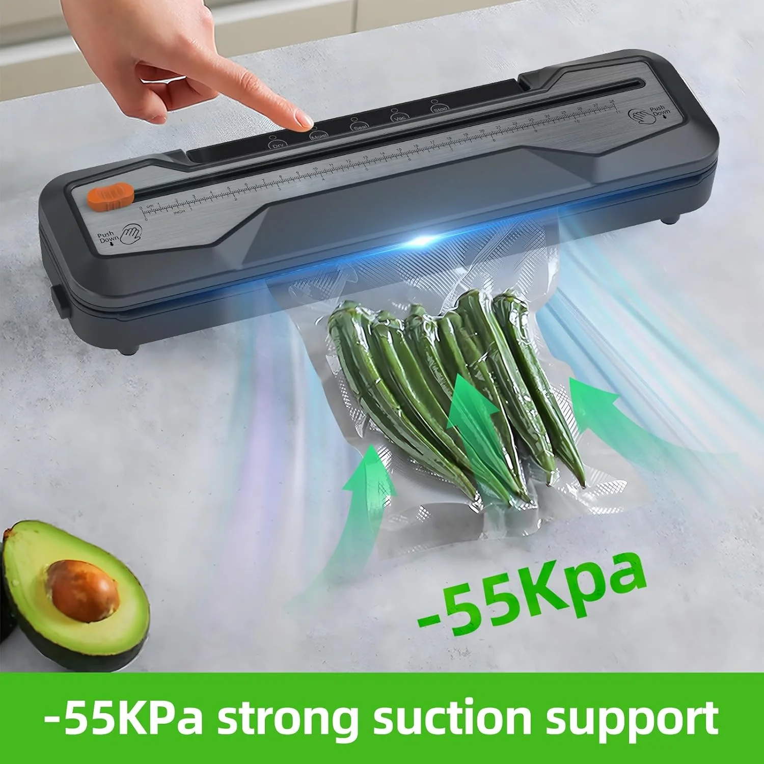 دستگاه وکیوم سیلر 55KPa با مکش قوی، دستگاه سیلر اتوماتیک غذا با 10 کیسه سیل، حالت های غذای خشک و مرطوب، دستگاه وکیوم غذا با کاتر و ترازو برای نگهداری مواد غذایی