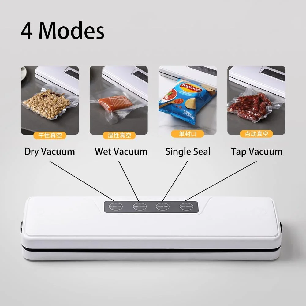 دستگاه وکیوم بسته بندی مواد غذایی به همراه 10 کیسه نگهداری، دستگاه بسته بندی با طراحی جمع و جور برای مواد غذایی خشک و مرطوب، دستگاه وکیوم اتوماتیک مواد غذایی