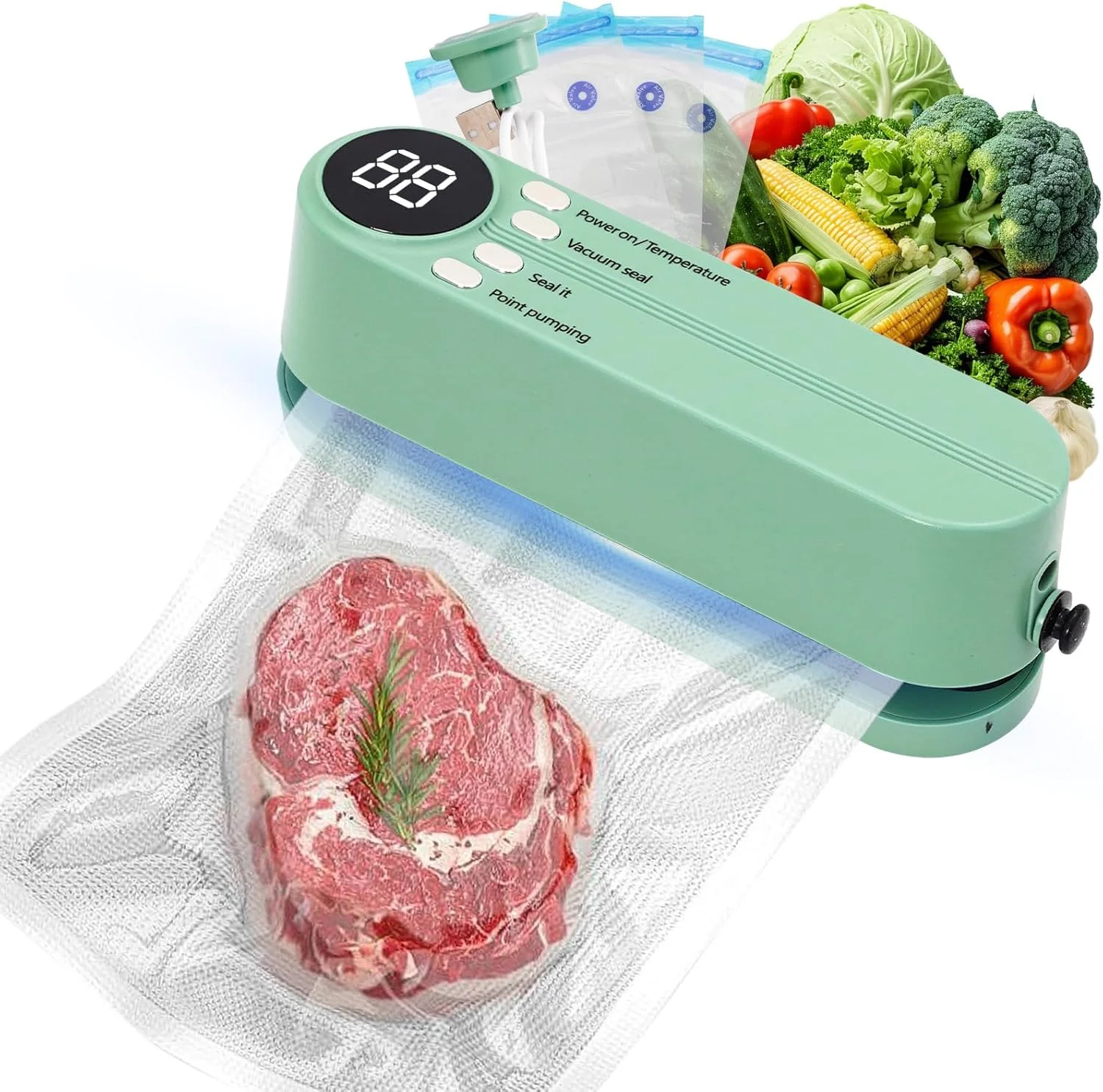 دستگاه وکیوم سیلر 6 در 1 مینی برای نگهداری تازه مواد غذایی خشک/مرطوب با قدرت 60 کیلو پاسکال، دستگاه سیلینگ قابل حمل برای اسنک و غذا با 3 آداپتور استخراج هوا، دارای کاتر داخلی و نمایشگر LED