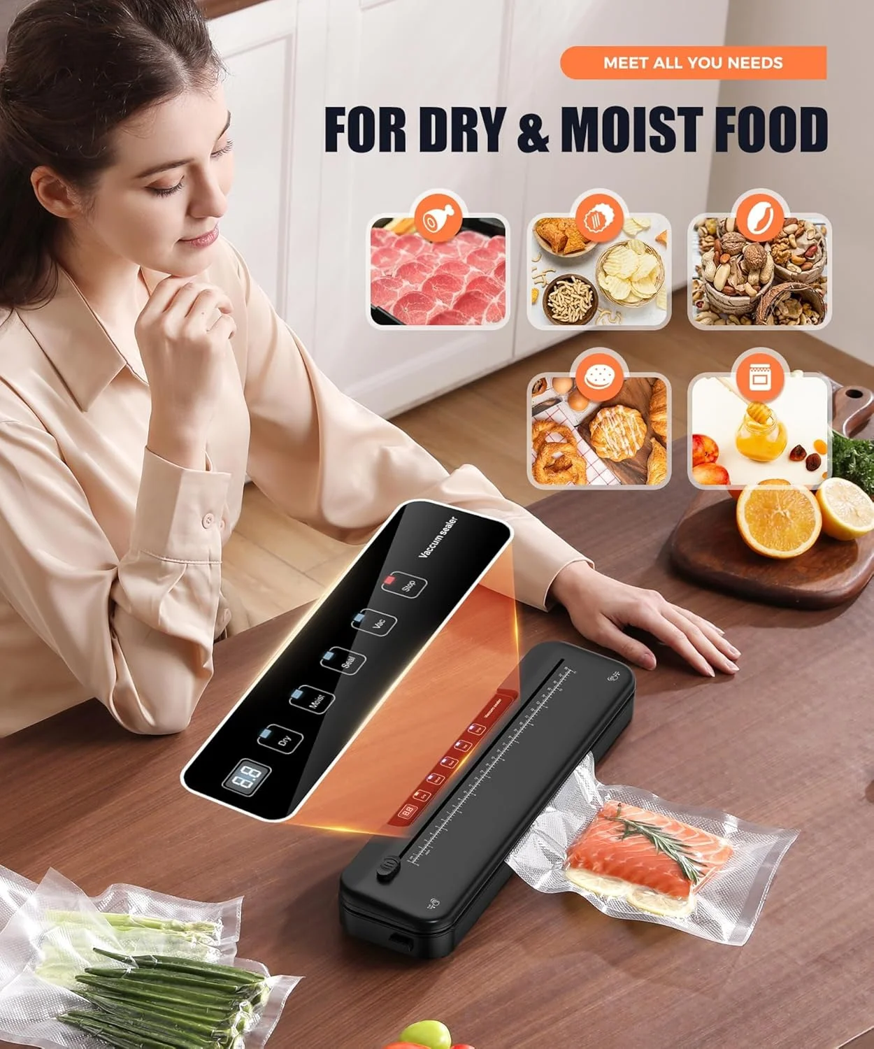 دستگاه وکیوم سیلر برای نگهداری مواد غذایی، دستگاه سیلر 6 در 1 برای نگهداری تازه، دستگاه وکیوم سیلر جمع و جور 75kpa با تیغه کشویی خارجی، تایمر شمارش معکوس دیجیتال مشکی