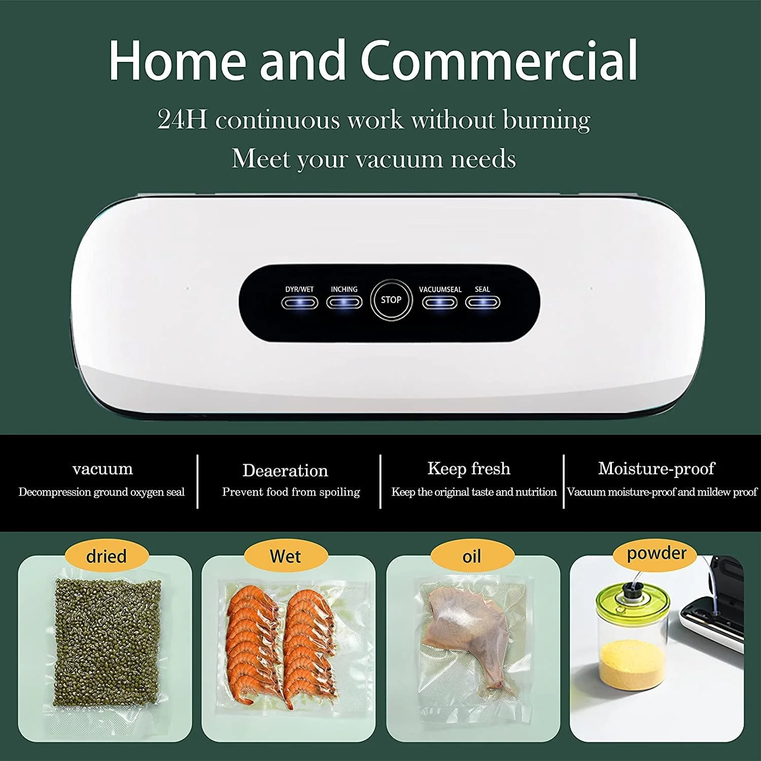 دستگاه وکیوم سیلر با کاتر داخلی، توان 130 وات، طول آب بندی 30 سانتی متر، فشار وکیوم 60KPA، حالت های غذای خشک و مرطوب، نشانگر LED، تمیز کردن آسان، عملکرد خودکار، افزایش ماندگاری مواد غذایی