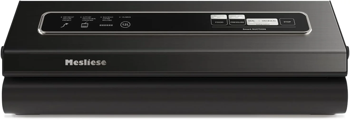 دستگاه وکیوم سیلر Mesliese، سیستم قدرتمند و دقیق 6 در 1 با فشار 90Kpa برای نگهداری فشرده مواد غذایی به همراه کاتر، 2 رول کیسه و 5 کیسه از پیش برش خورده، حالت های خشک و مرطوب، دارای گواهی ETL (خاکستری استیل)