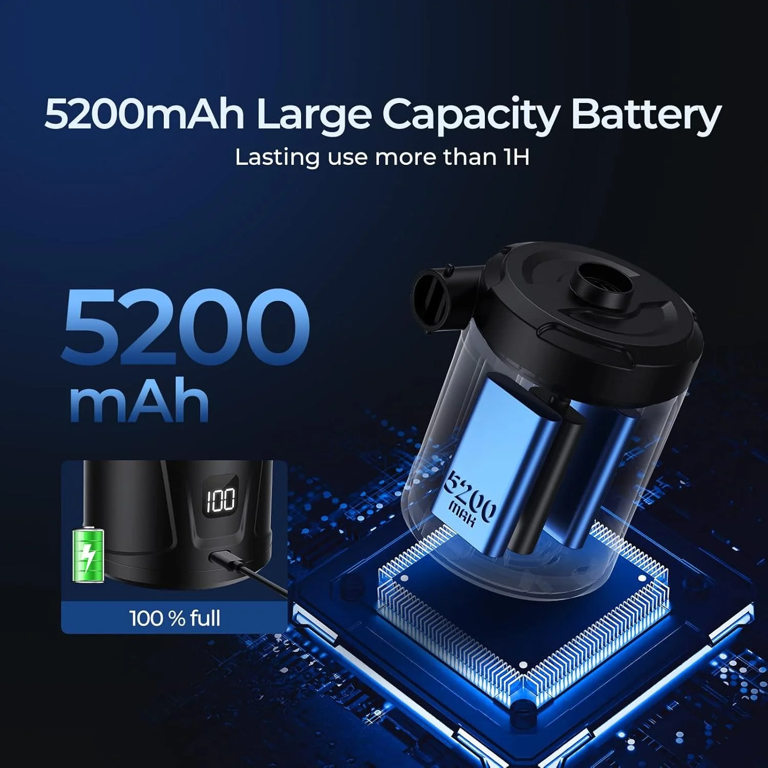 پمپ باد برقی AIPUDE برای وسایل بادی، پمپ تشک بادی قابل حمل 5200mAh با 4 نازل و صفحه نمایش LED، پمپ های باد/تخلیه باد برای استخر، قایق های پارویی، کمپینگ، حلقه شنا