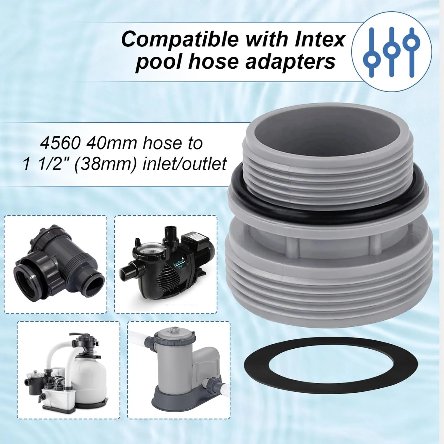 تبدیل شلنگ استخر 38 میلیمتری به DN40 (1 1/2 اینچ) برای پمپهای فیلتر اینتکس، کولمن و هایوارد، راهنمای شنا 4560 تبدیل شلنگ استخر 38 میلیمتری به DN40 (1 1/2 اینچ) برای پمپهای فیلتر اینتکس، کولمن و هایوارد، راهنمای شنا 4560