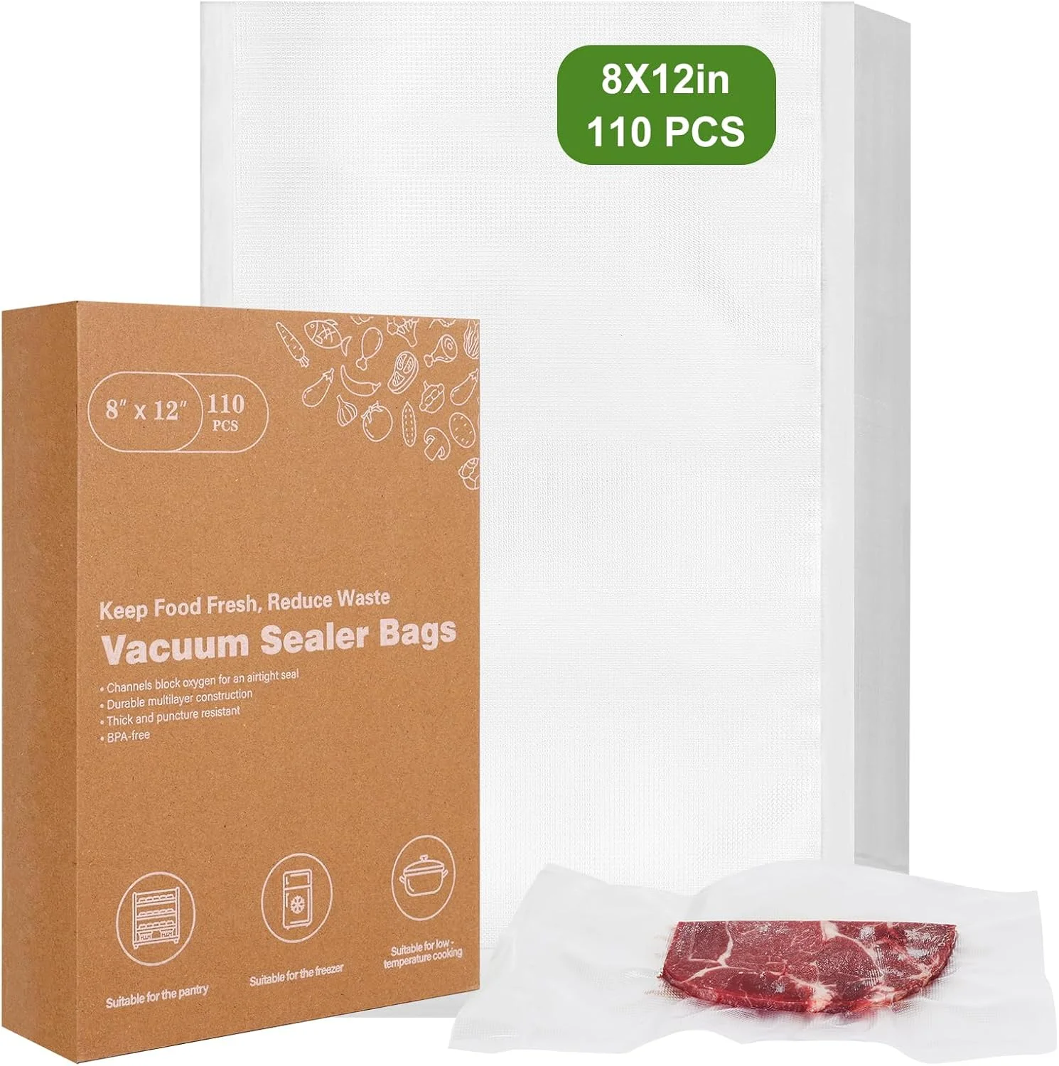 بسته 110 عددی کیسه های وکیوم سیلر Moretoes، کیسه های ذخیره مواد غذایی سایز کوارت 8" x 12"، فاقد BPA، کیسه های وکیوم درجه تجاری از پیش برش خورده برای نگهداری مواد غذایی، آماده سازی غذا یا پخت سو وید