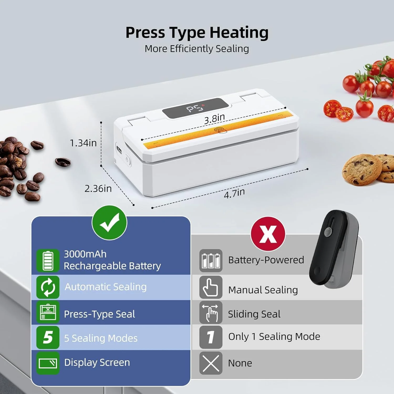 دستگاه کوچک پرس و برش کیسه NALACAL، دستگاه پرس حرارتی دستی شارژی با 5 حالت زمان پرس و نوار حرارتی 3.8 اینچی - دستگاه پرس مجدد کیسه قابل حمل برای چیپس، تنقلات و کیسه های پلاستیکی (سفید)