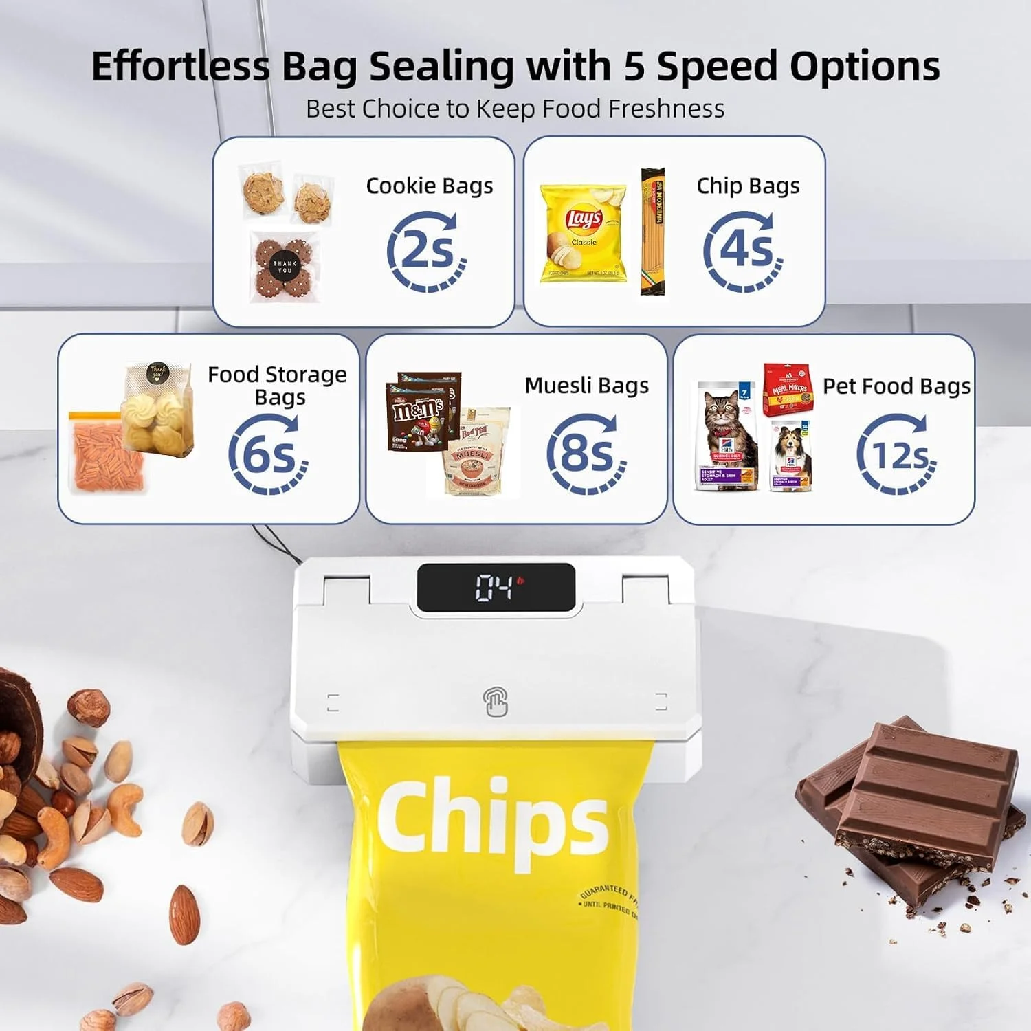 دستگاه کوچک پرس و برش کیسه NALACAL، دستگاه پرس حرارتی دستی شارژی با 5 حالت زمان پرس و نوار حرارتی 3.8 اینچی - دستگاه پرس مجدد کیسه قابل حمل برای چیپس، تنقلات و کیسه های پلاستیکی (سفید)