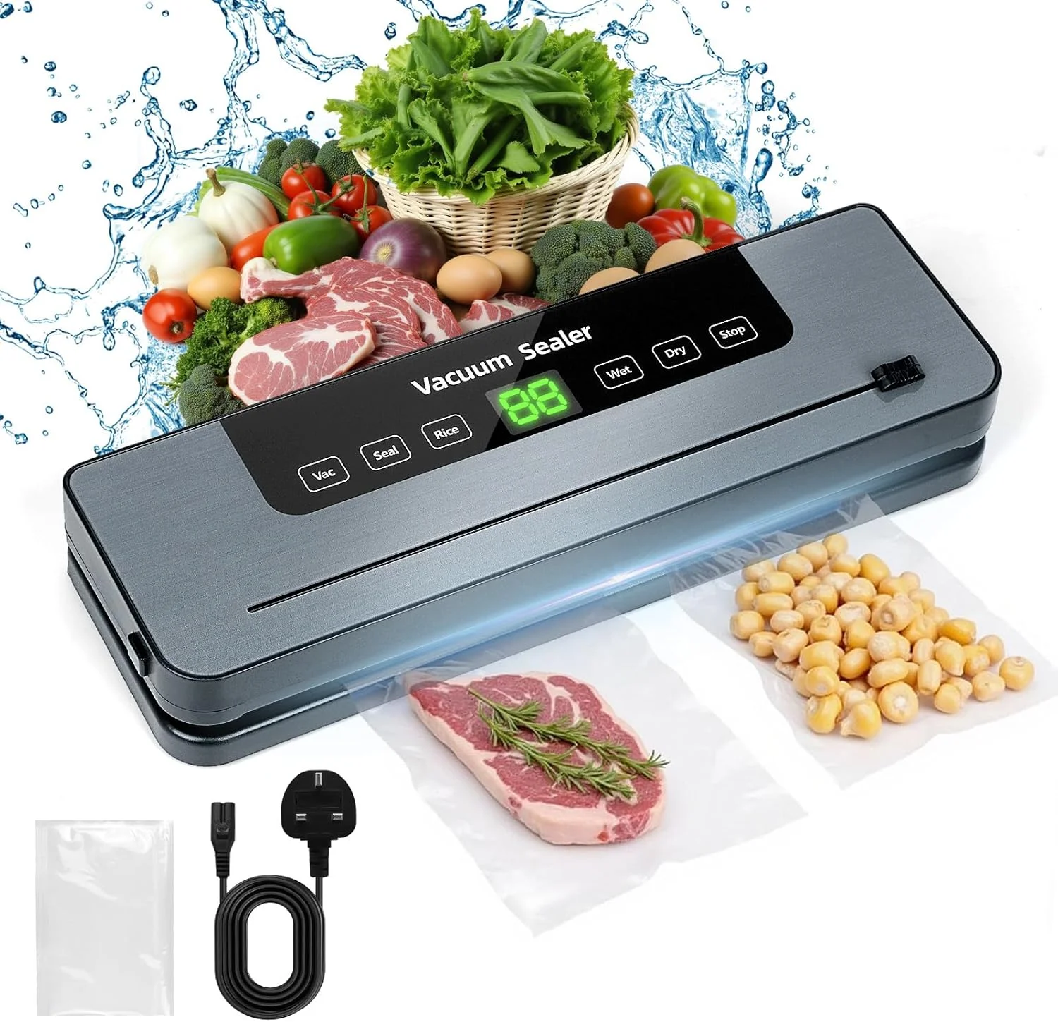 دستگاه وکیوم سیلر Mfzsyxb، دستگاه 5 در 1 تمام اتوماتیک نگهداری مواد غذایی، دارای چراغ های نشانگر LED، سیلر خشک/مرطوب، برشگر داخلی، 30 کیسه سیل کننده، استیل ضد زنگ، ABS، خاکستری، اتوماتیک، سیلر