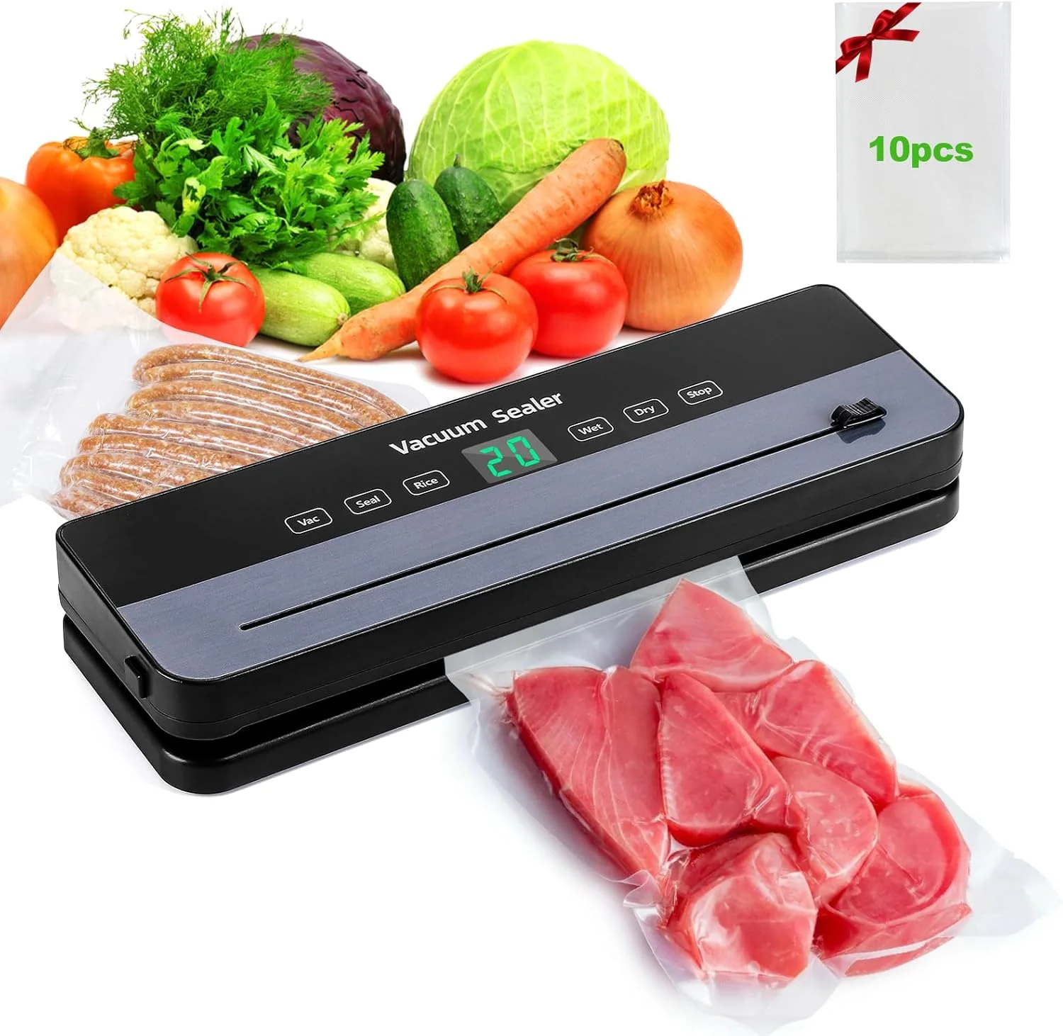 دستگاه وکیوم سیلر، قدرت مکش دقیق 65Kpa، دستگاه سیلر غذا 7 در 1 با 10 کیسه وکیوم و برش داخلی، حالت های خشک و مرطوب، ایده آل برای آشپزخانه، رستوران و استفاده خانگی