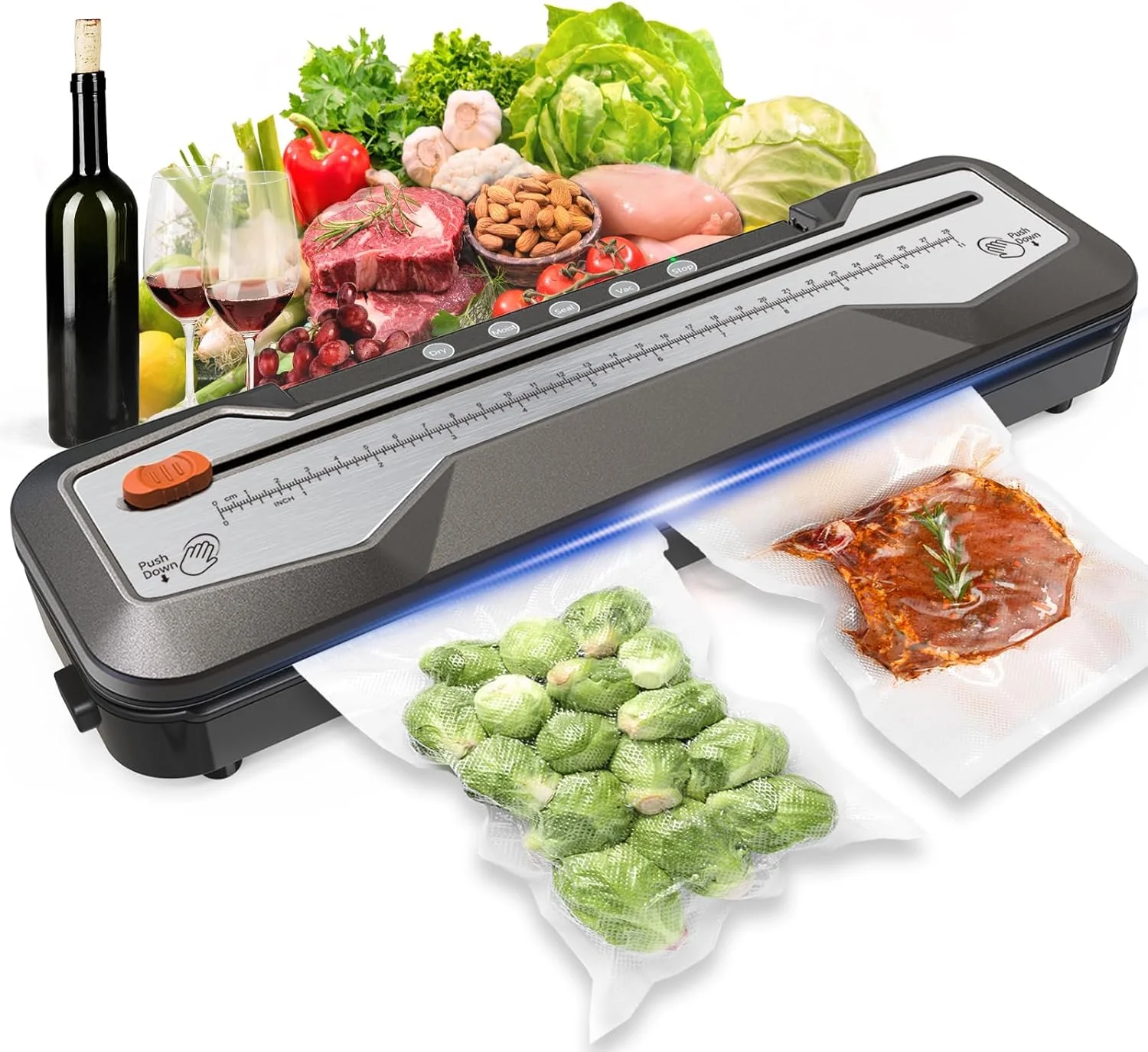 دستگاه وکیوم سیلر، دستگاه بسته بندی اتوماتیک مواد غذایی با 5 حالت، 15 کیسه بسته بندی و برشگر یکپارچه، دستگاه وکیوم سیلینگ تک لمسی، خاکستری