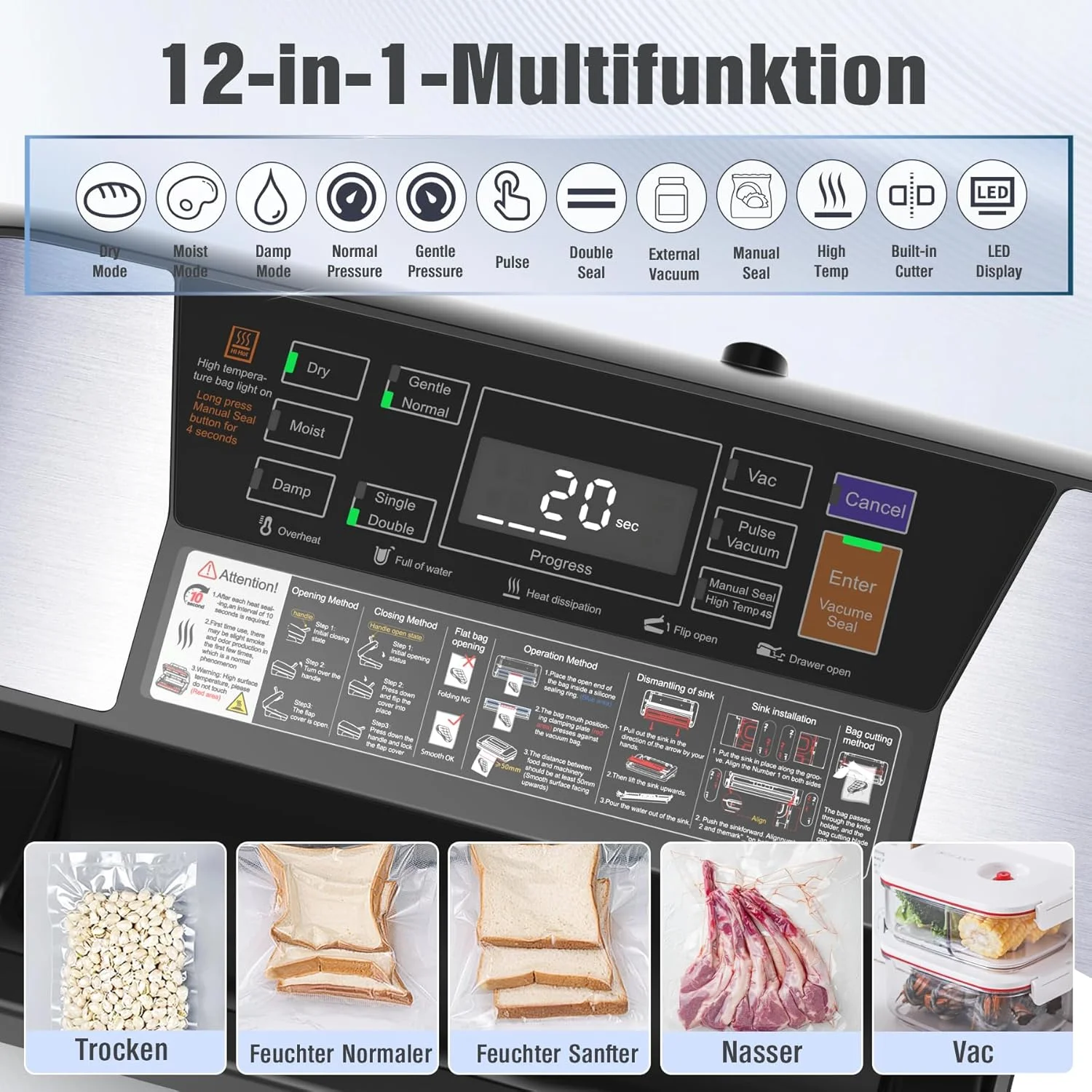 دستگاه وکیوم بسته بندی مواد غذایی 85 کیلو پاسکال، دستگاه جوش فیلم 12 در 1 با دسته قفل آسان، وکیوم بسته بندی با جوش دوگانه، دارای برش داخلی و محل نگهداری کیسه، سینی چکه گیر جداشدنی