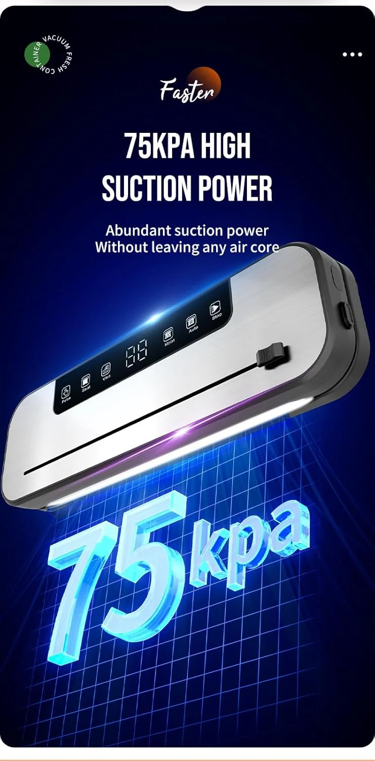 دستگاه وکیوم بسته بندی مواد غذایی Paysean، اتوماتیک، خاکستری، ABS، دستگاه بسته بندی مواد غذایی 6 در 1 با تایمر دیجیتال، حالت های غذای خشک و مرطوب