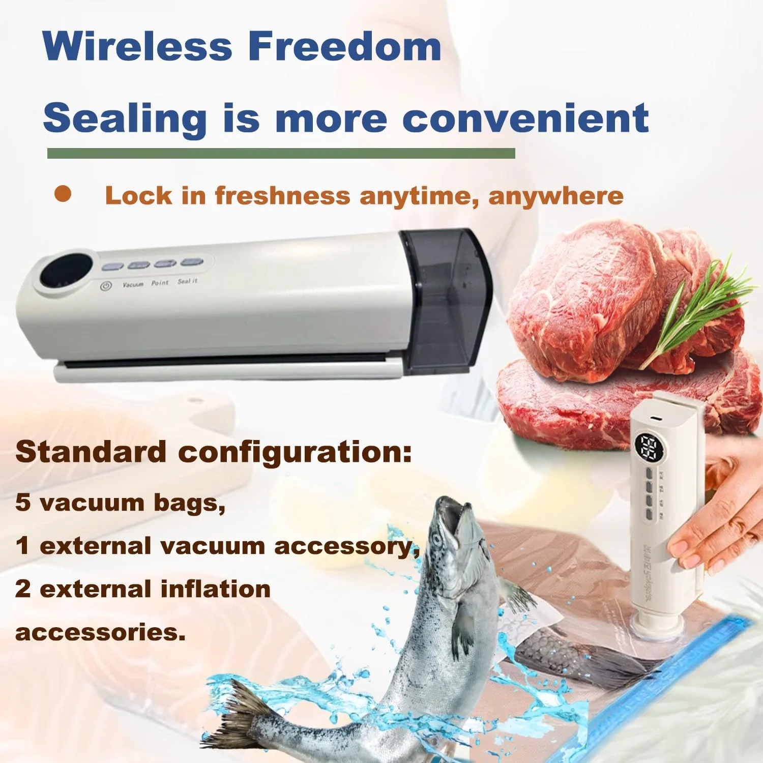 دستگاه وکیوم بسته بندی مواد غذایی، دستگاه وکیوم کوچک قابل حمل 3 در 1 شارژی، دستگاه وکیوم بی سیم به همراه 4 کیسه اسنک، 1 کیسه نگهداری، سوزن و نازل پمپ باد