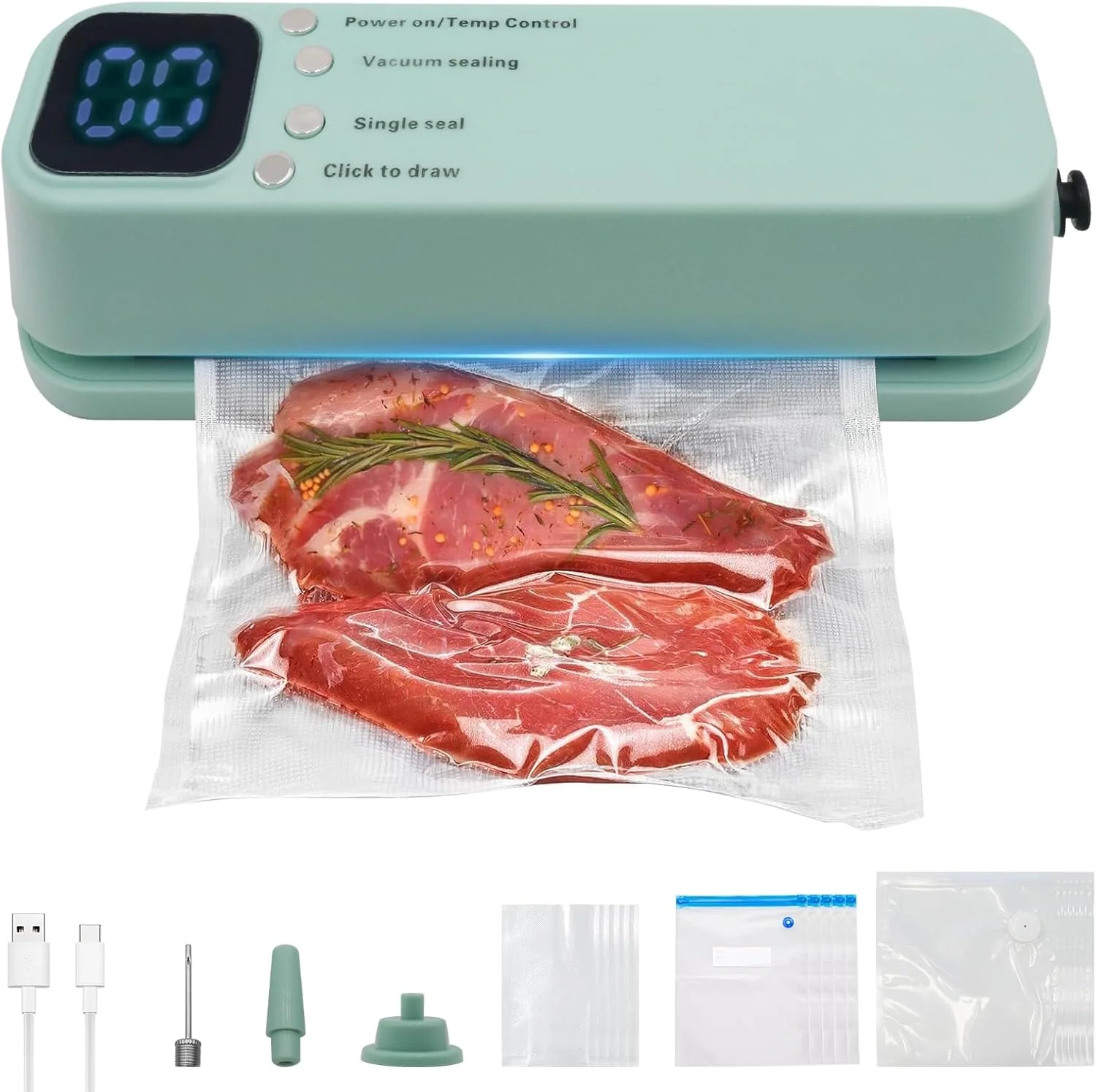 دستگاه وکیوم کوچک برای غذا، دستگاه وکیوم 3 در 1 قابل حمل با 15 کیسه وکیوم، مناسب برای استفاده خشک و مرطوب، تایمر شمارش معکوس دیجیتال، ایده آل برای آشپزخانه منزل و مسافرت