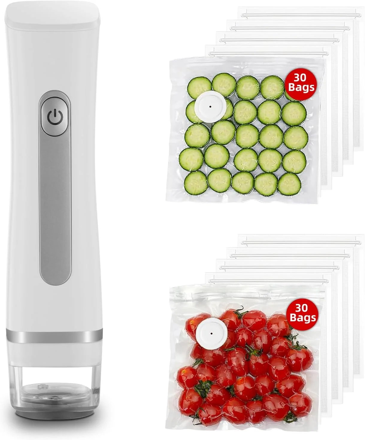 دستگاه وکیوم سیلر جمع و جور برای مواد غذایی، دستگاه نگهداری مواد غذایی قابل حمل با 30 کیسه فریزر قابل استفاده مجدد، مناسب برای نگهداری باقیمانده غذا در آشپزخانه، پخت و پز سو وید، آماده سازی غذا، باربیکیو در فضای باز