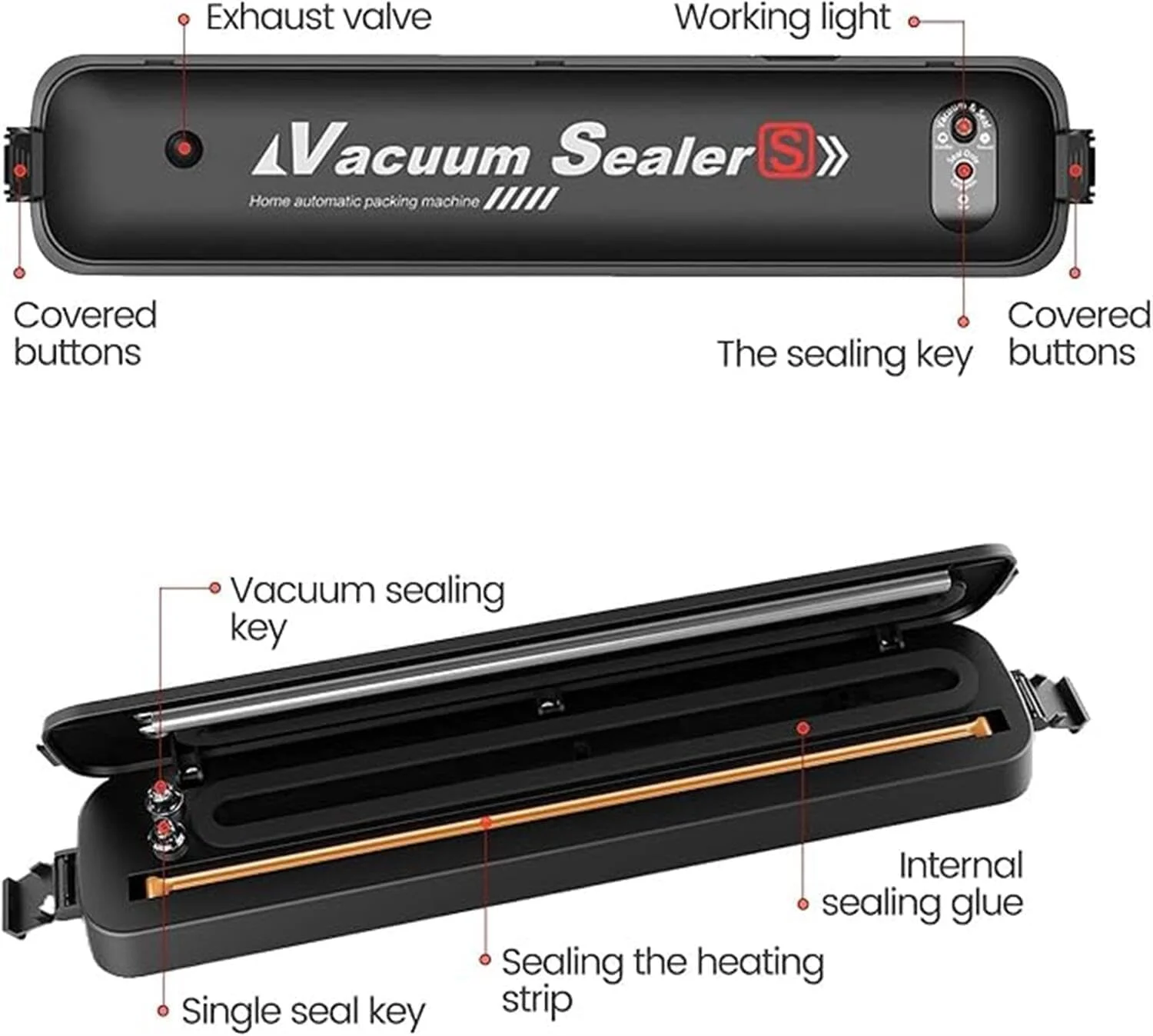 دستگاه وکیوم سیلر قابل حمل - دستگاه بسته بندی مواد غذایی برای پلمپ محکم و حفظ تازگی، سیستم بسته بندی وکیوم فشرده برای گوشت، سبزیجات و کیسه های نگهداری (مشکی)