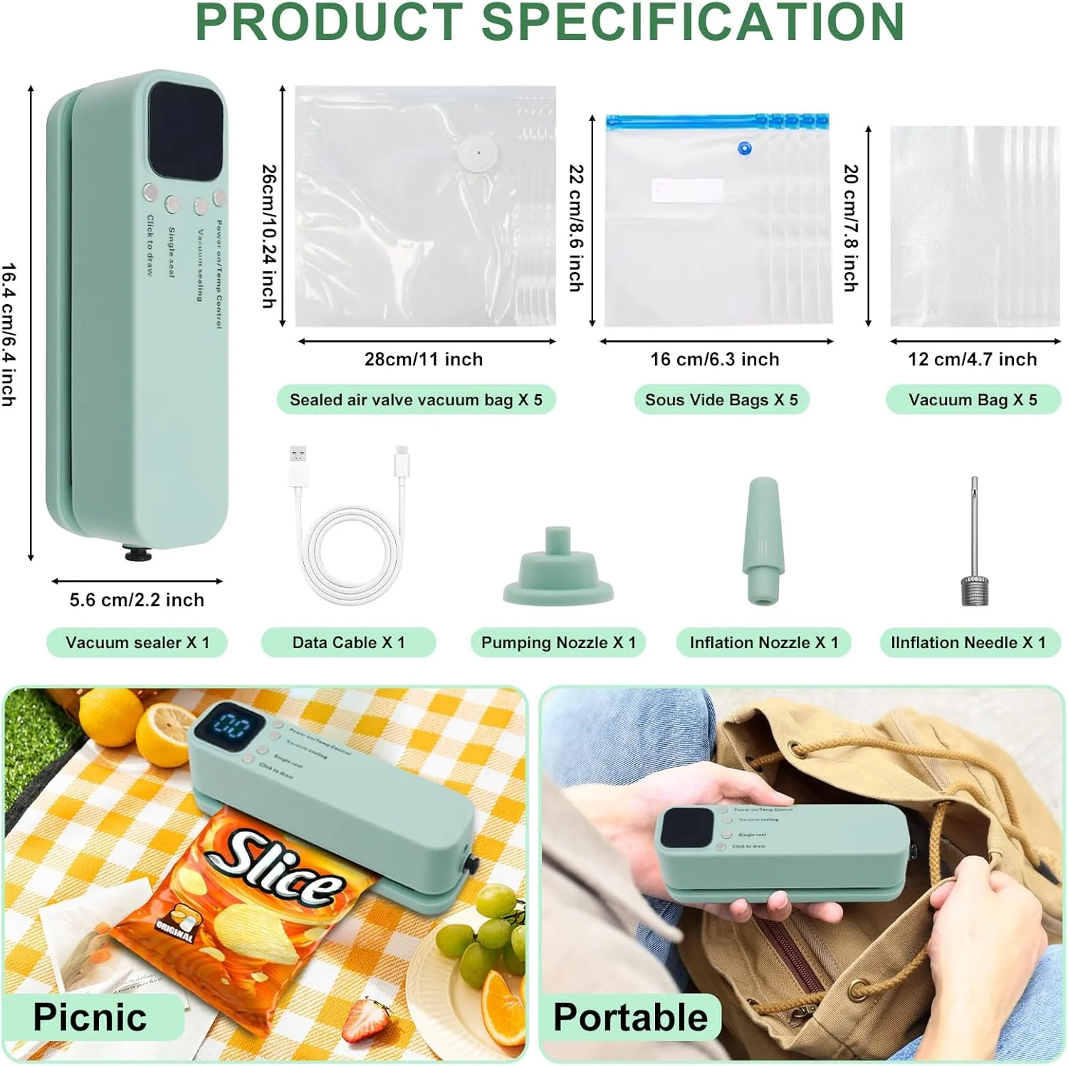 دستگاه وکیوم کوچک برای غذا، دستگاه وکیوم 3 در 1 قابل حمل با 15 کیسه وکیوم، مناسب برای استفاده خشک و مرطوب، تایمر شمارش معکوس دیجیتال، ایده آل برای آشپزخانه منزل و مسافرت