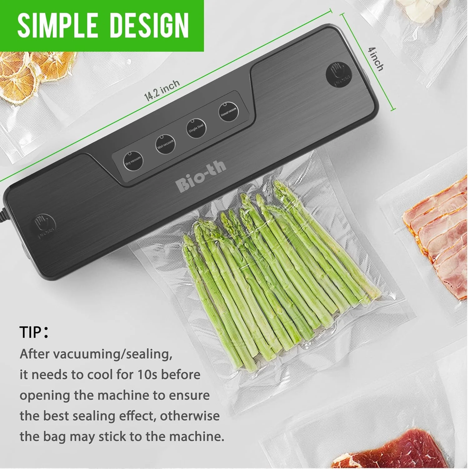 دستگاه وکیوم سیلر غذا، نگهدارنده مواد غذایی با حالت های خشک و مرطوب، جمع و جور و قدرتمند، شامل 15 کیسه بزرگ (20x30 سانتی متر)، عملکرد تک لمسی، محافظت در برابر گرمای بیش از حد