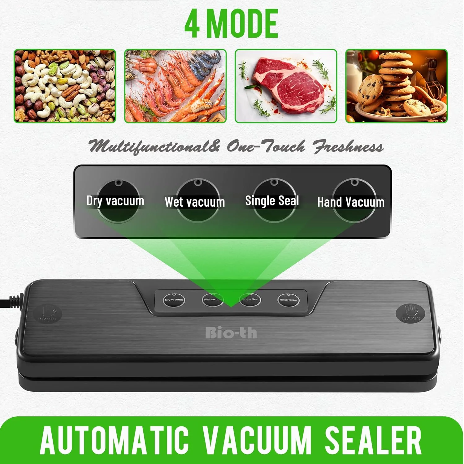 دستگاه وکیوم سیلر غذا، نگهدارنده مواد غذایی با حالت های خشک و مرطوب، جمع و جور و قدرتمند، شامل 15 کیسه بزرگ (20x30 سانتی متر)، عملکرد تک لمسی، محافظت در برابر گرمای بیش از حد