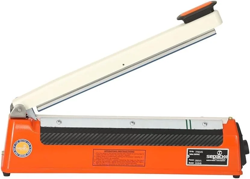 دستگاه پرس حرارتی حرفه ای، دستگاه بسته بندی ایمپالس 300 میلی متری، نارنجی و سفید، مقاوم