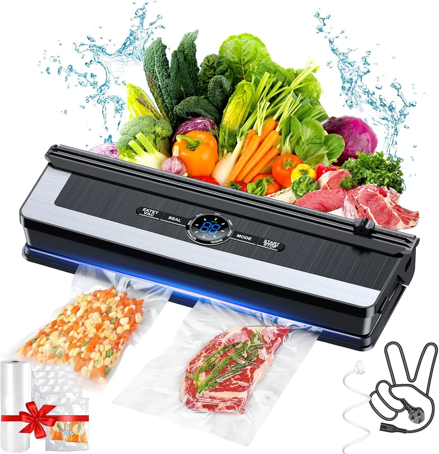 دستگاه وکیوم سیلر غذا Pseul - دستگاه وکیوم سیلر 8 در 1 با برش داخلی، سیستم آب بندی هوای اتوماتیک، نشانگر LED برای نگهداری مواد غذایی، حالت های غذای خشک و مرطوب به همراه 5 عدد کیسه سیلر