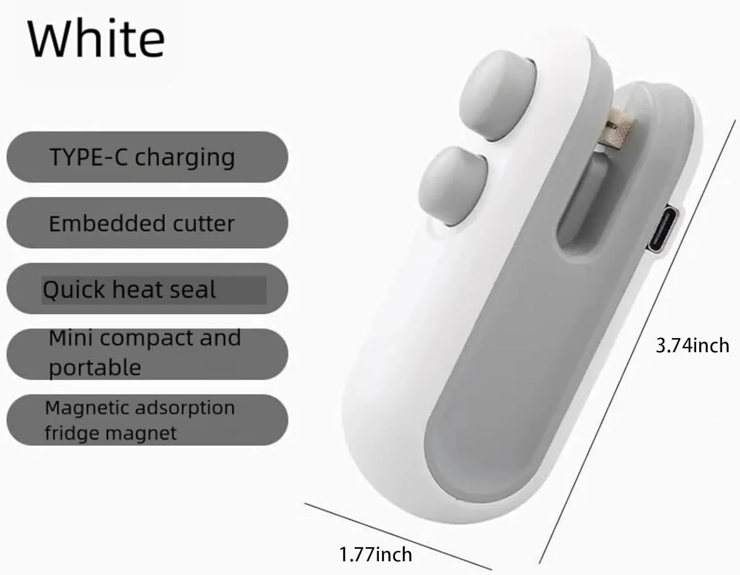 دستگاه کوچک پلمپ کیسه، قابل شارژ با USB-C، برای کیسه های پلاستیکی چیپس و اسنک، برای نگهداری مواد غذایی و حفظ تازگی، سفید، DZHT-AE-046