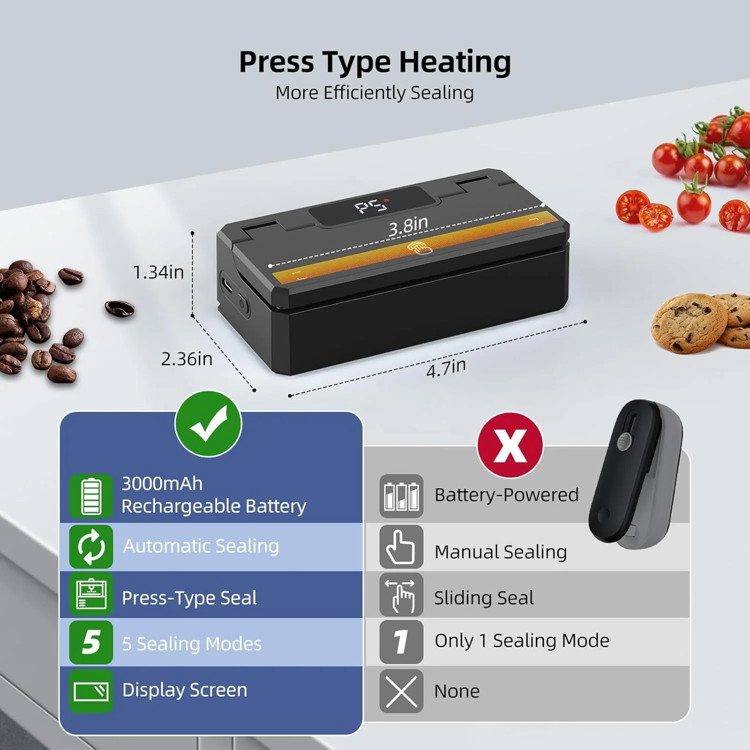 دستگاه کوچک پرس و برش کیسه، دستگاه پرس حرارتی دستی با 5 حالت زمان پرس و نوار حرارتی 3.8 اینچی - دستگاه پرس کیسه شارژی - دستگاه پرس مجدد کیسه برای کیسه های چیپس، کیسه های اسنک، کیسه های پلاستیکی - مشکی