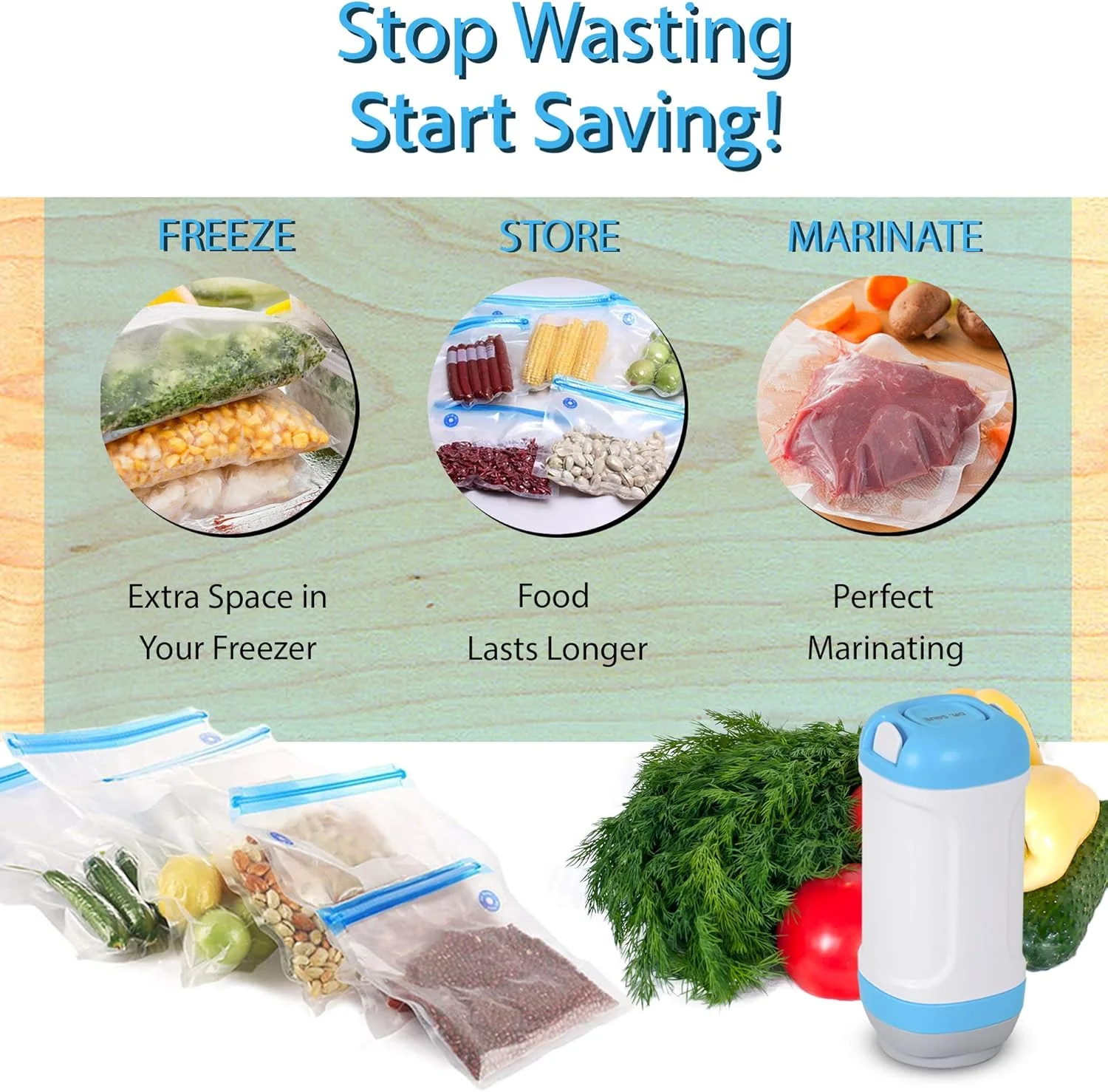 دستگاه وکیوم سیلر دکتر سیو همراه با کیسه های غذای قابل استفاده مجدد - ضد هوا، نگهداری از مواد غذایی باقیمانده و حفظ تازگی - بی سیم، دستی، دستگاه وکیوم و مجموعه کیسه دستگاه وکیوم سیلر دکتر سیو همراه با کیسه های غذای قابل استفاده مجدد - ضد هوا، نگهداری از مواد غذایی باقیمانده و حفظ تازگی - بی سیم، دستی، دستگاه وکیوم و مجموعه کیسه