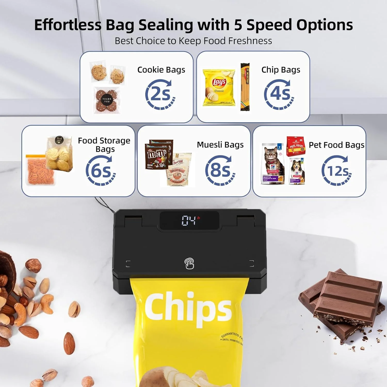 دستگاه کوچک پرس و برش کیسه، دستگاه پرس حرارتی دستی با 5 حالت زمان پرس و نوار حرارتی 3.8 اینچی - دستگاه پرس کیسه شارژی - دستگاه پرس مجدد کیسه برای کیسه های چیپس، کیسه های اسنک، کیسه های پلاستیکی - مشکی