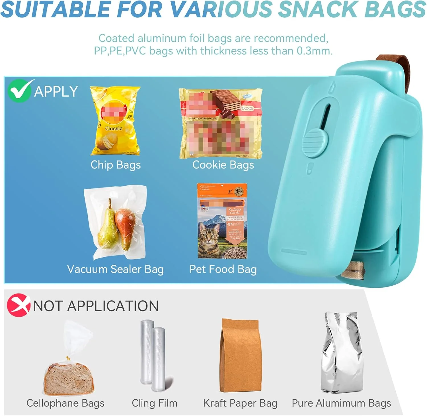 دستگاه کوچک و قابل حمل برای بستن کیسه های پلاستیکی، دستگاه دو کاره با قابلیت برش و ایجاد حرارت به همراه بند آویز، مناسب برای نگهداری مواد غذایی و تازه نگه داشتن خوراکی ها (شامل 2 عدد باتری قلمی) دستگاه کوچک و قابل حمل برای بستن کیسه های پلاستیکی، دستگاه دو کاره با قابلیت برش و ایجاد حرارت به همراه بند آویز، مناسب برای نگهداری مواد غذایی و تازه نگه داشتن خوراکی ها (شامل 2 عدد باتری قلمی)