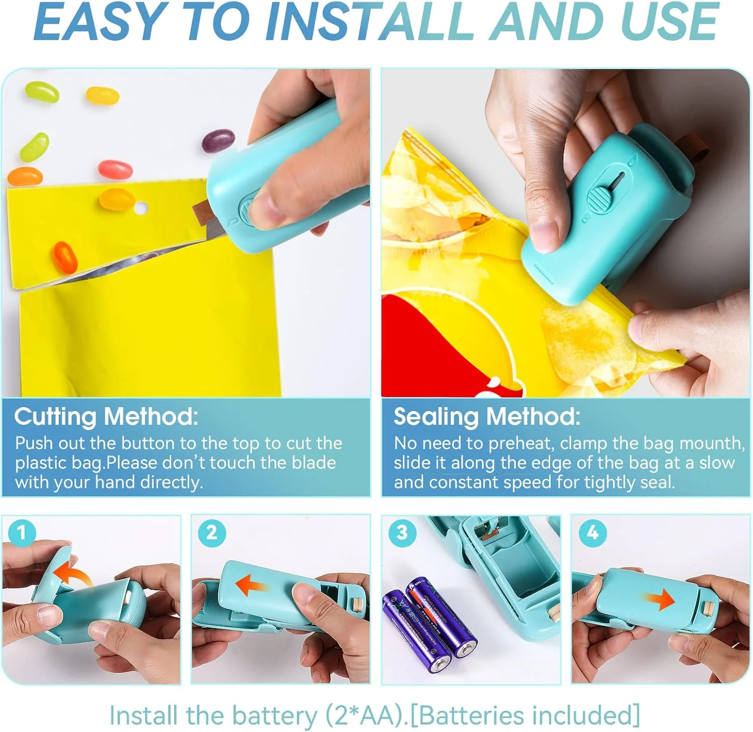 دستگاه کوچک و قابل حمل برای بستن کیسه های پلاستیکی، دستگاه دو کاره با قابلیت برش و ایجاد حرارت به همراه بند آویز، مناسب برای نگهداری مواد غذایی و تازه نگه داشتن خوراکی ها (شامل 2 عدد باتری قلمی) دستگاه کوچک و قابل حمل برای بستن کیسه های پلاستیکی، دستگاه دو کاره با قابلیت برش و ایجاد حرارت به همراه بند آویز، مناسب برای نگهداری مواد غذایی و تازه نگه داشتن خوراکی ها (شامل 2 عدد باتری قلمی)