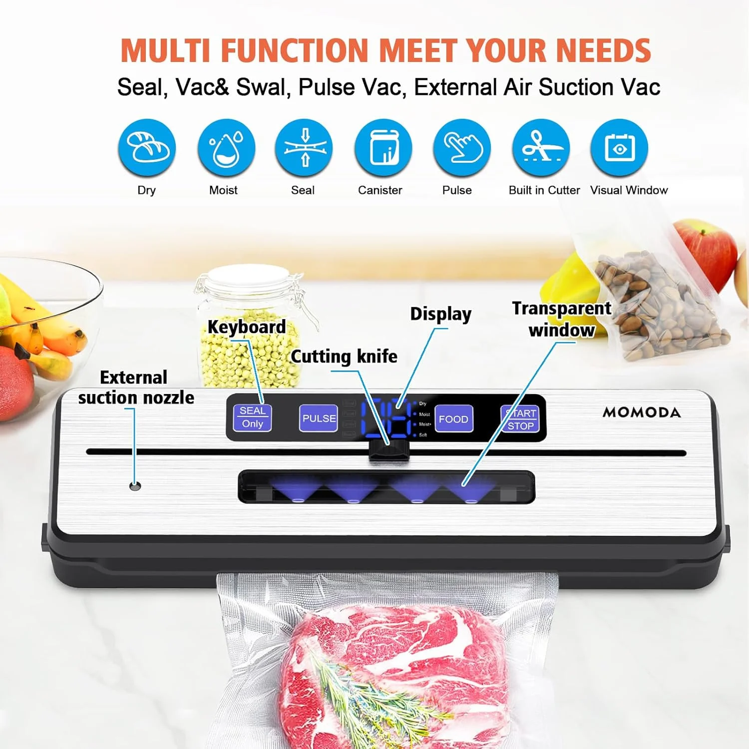 دستگاه وکیوم مومودا به همراه کیت استارتر، دستگاه بسته بندی مواد غذایی اتوماتیک 80Kpa، 8 در 1 با کیسه های یکبار مصرف، حالت مرطوب و خشک، وکیوم خارجی برای نگهداری مواد غذایی دستگاه وکیوم مومودا به همراه کیت استارتر، دستگاه بسته بندی مواد غذایی اتوماتیک 80Kpa، 8 در 1 با کیسه های یکبار مصرف، حالت مرطوب و خشک، وکیوم خارجی برای نگهداری مواد غذایی