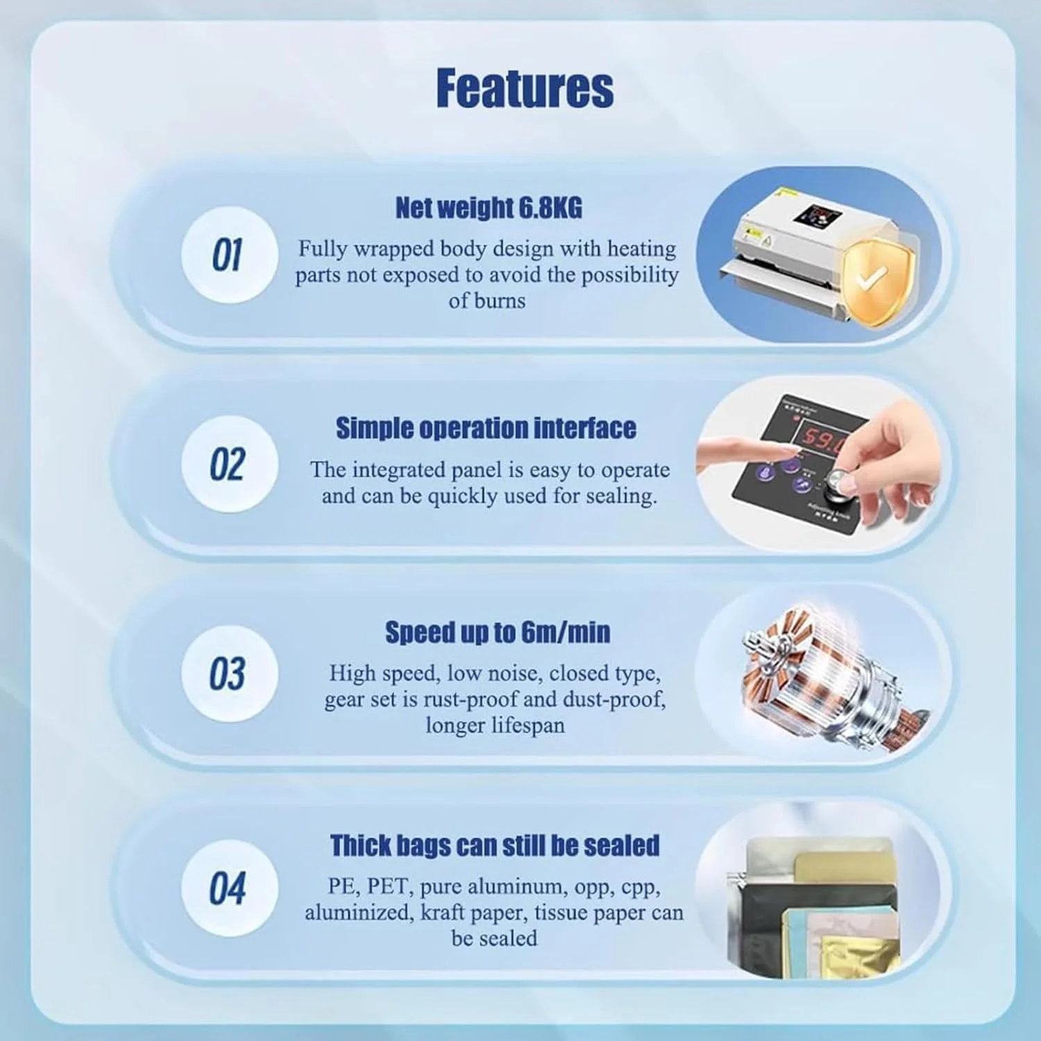 دستگاه پلمپ اتوماتیک و مداوم کیسه پلاستیکی برای مواد غذایی، افقی، مناسب برای سوپرمارکت ها، مراکز خرید، آشپزخانه های خانگی، 220 ولت دستگاه پلمپ اتوماتیک و مداوم کیسه پلاستیکی برای مواد غذایی، افقی، مناسب برای سوپرمارکت ها، مراکز خرید، آشپزخانه های خانگی، 220 ولت