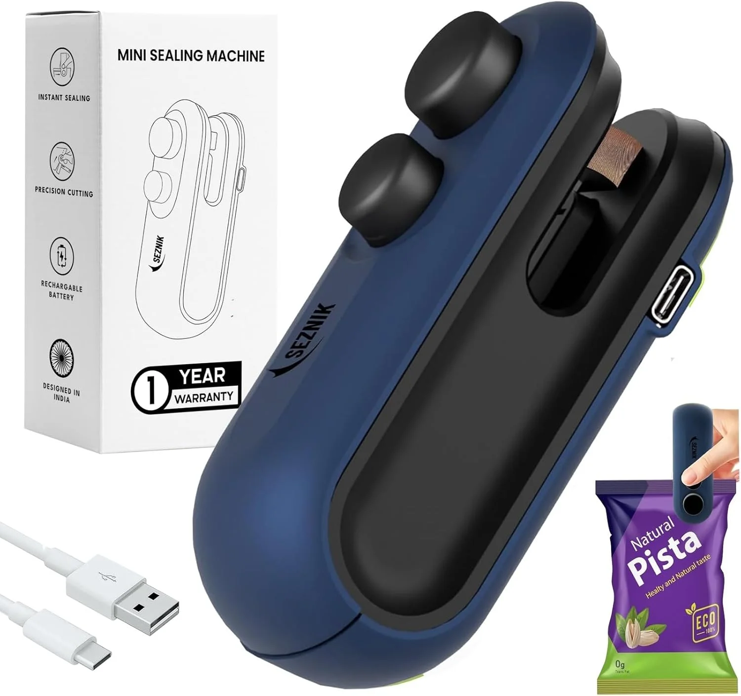 دستگاه پرس حرارتی کوچک قابل حمل SEZNIK، دستگاه بسته بندی دستی برای غذا، تنقلات، چیپس، نگهداری تازه، دستگاه پرس پلاستیک، (آبی تیره)