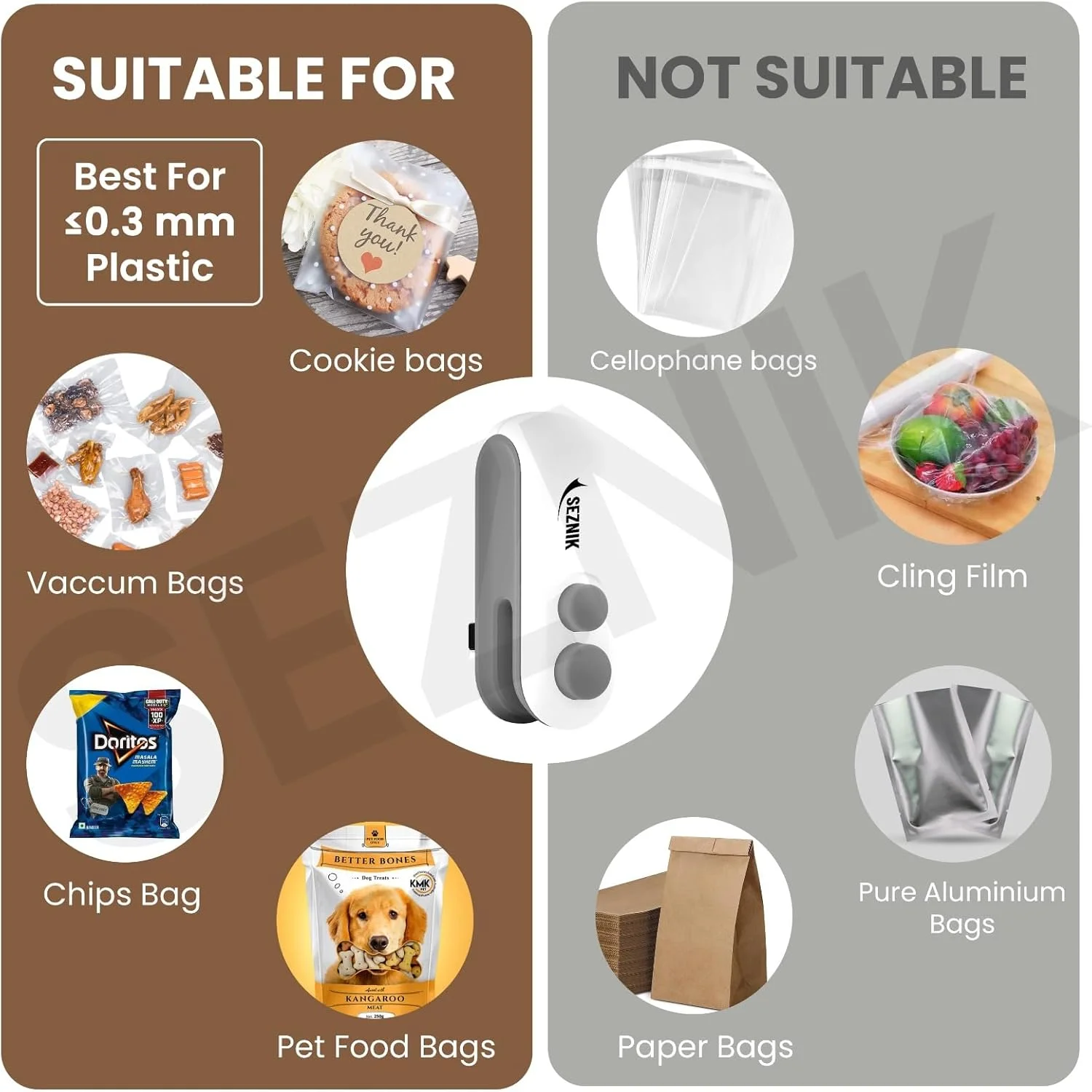 دستگاه پرس حرارتی کوچک قابل حمل SEZNIK، دستگاه بسته بندی دستی برای غذا، اسنک، چیپس، نگهداری تازه، دستگاه پرس پلاستیک (سفید)