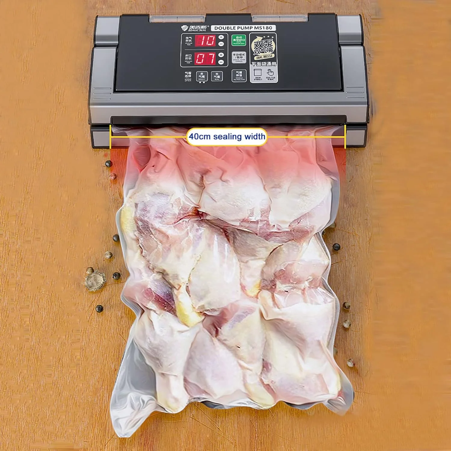 دستگاه وکیوم بسته بندی مواد غذایی SJHDKLW، دستگاه پمپ دوگانه و نازل، حالت اتوماتیک/دستی، با عملکرد باد کردن هوا، میله آب بندی 40 سانتی متری، دستگاه بسته بندی مواد غذایی خشک و مرطوب، برای نگهداری مواد غذایی دستگاه وکیوم بسته بندی مواد غذایی SJHDKLW، دستگاه پمپ دوگانه و نازل، حالت اتوماتیک/دستی، با عملکرد باد کردن هوا، میله آب بندی 40 سانتی متری، دستگاه بسته بندی مواد غذایی خشک و مرطوب، برای نگهداری مواد غذایی