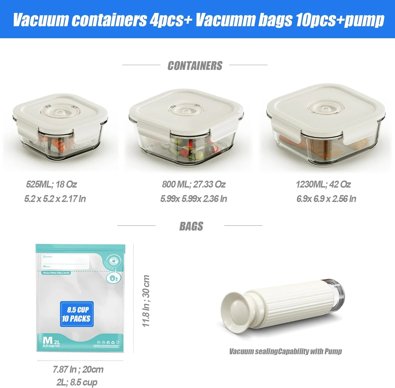 ست 17 تکه ظروف شیشه ای نگهداری مواد غذایی با قابلیت ایجاد خلاء، حفظ تازگی تا 5 برابر بیشتر، ظروف ممتاز و کاملا نفوذناپذیر هوا، شامل 3 ظرف، 10 کیسه قابل استفاده مجدد و 4 گیره ست 17 تکه ظروف شیشه ای نگهداری مواد غذایی با قابلیت ایجاد خلاء، حفظ تازگی تا 5 برابر بیشتر، ظروف ممتاز و کاملا نفوذناپذیر هوا، شامل 3 ظرف، 10 کیسه قابل استفاده مجدد و 4 گیره