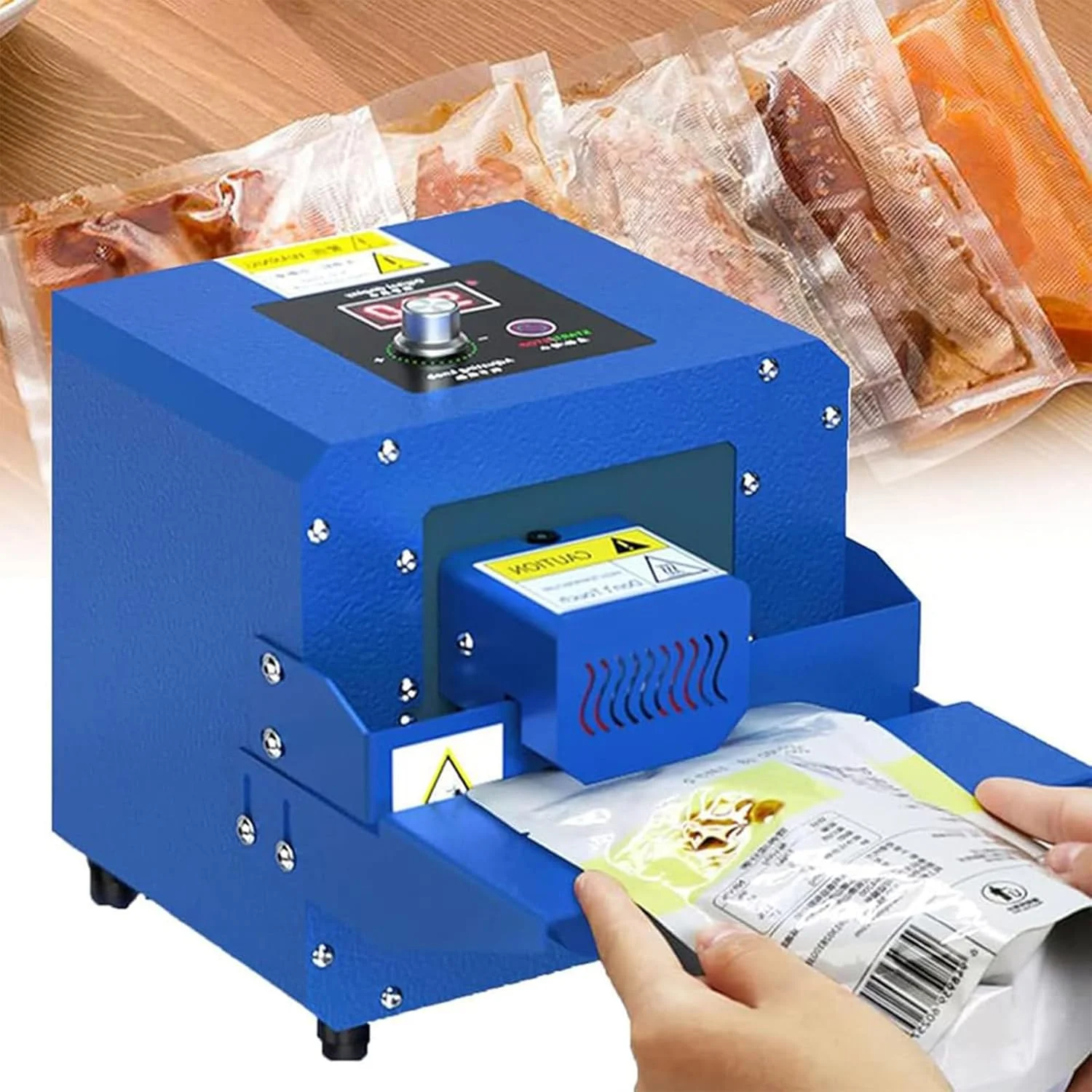 دستگاه بسته بندی وکیوم استیل ضد زنگ، دستگاه حرارتی اتوماتیک کیسه پلاستیکی 300 وات، دستگاه بسته بندی مواد غذایی اتوماتیک 5 متر در دقیقه، کنترل دما 0 تا 200 درجه سانتیگراد، مناسب برای مصارف خانگی و تجاری