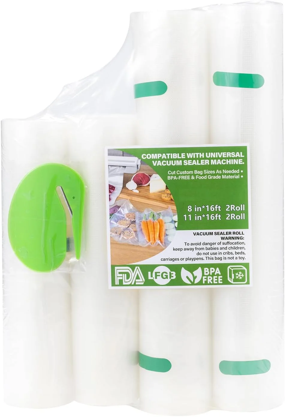 کیسه های نگهداری وکیوم برای دستگاه وکیوم غذا، کیسه سو وید برای دستگاه بسته بندی، رول وکیوم نگهداری مواد غذایی 8"X16' و 11"X16'، مناسب مایکروویو و فریزر، بدون BPA، (4 رول) (شفاف)