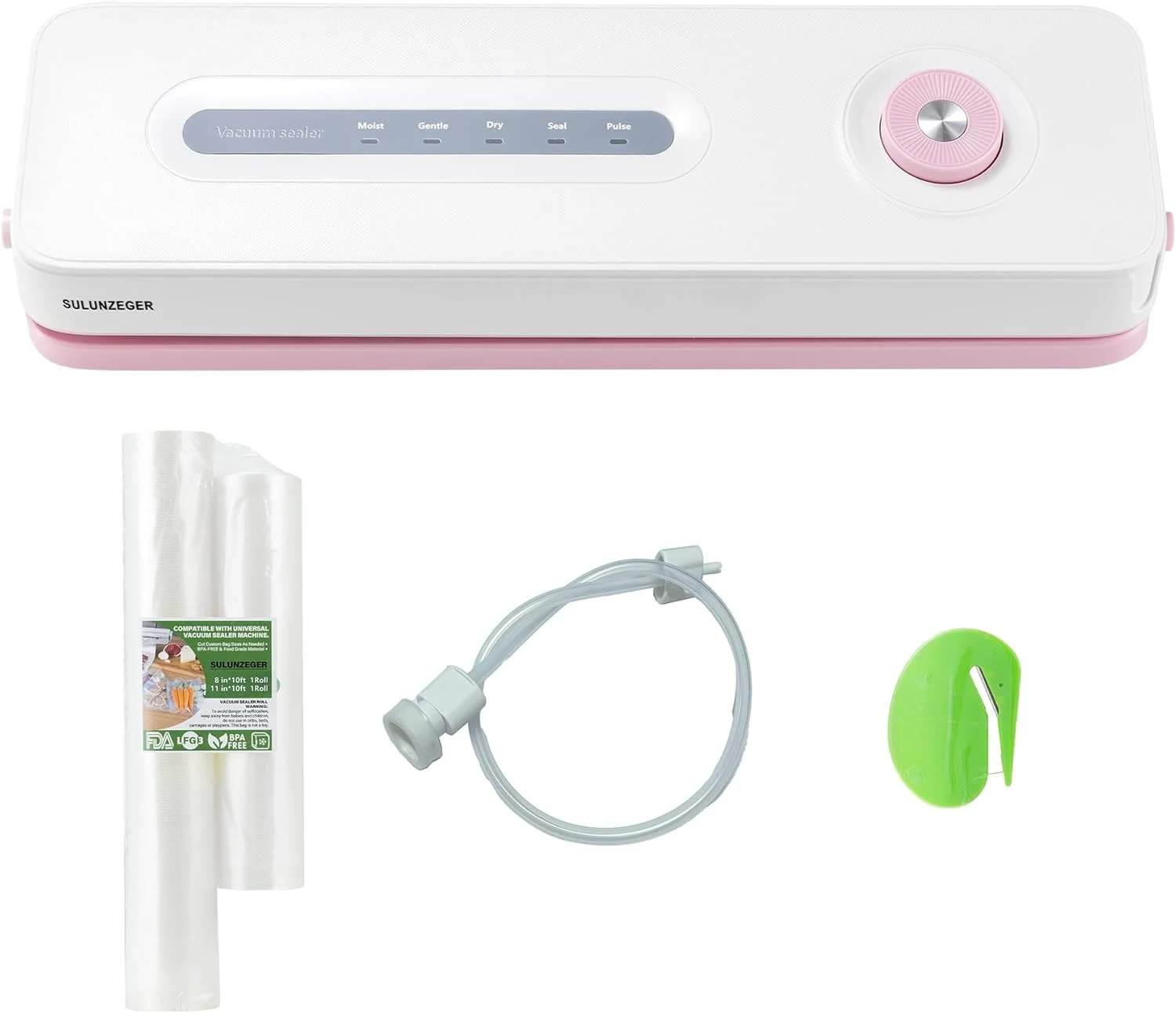 دستگاه وکیوم سیلر مواد غذایی سولون زگر، همراه با رول و کیسه های نگهداری وکیوم، دستگاه سیلینگ تمام اتوماتیک با دکمه چرخشی و چراغ های نشانگر LED، شلنگ مکش هوا و برش (سفید-صورتی)