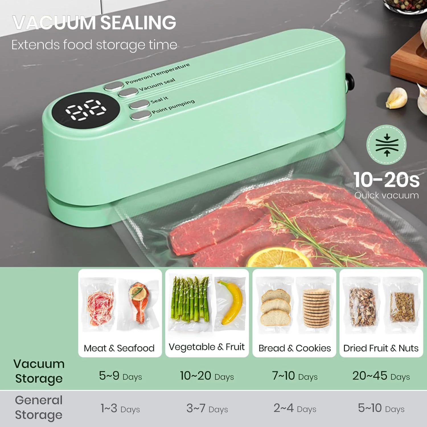 دستگاه وکیوم کوچک غذا، دستگاه سیلر شارژی 3 در 1 برای نگهداری مواد غذایی خشک/مرطوب به همراه 5 کیسه وکیوم، دستگاه پرس حرارتی برای بسته بندی چیپس، پمپ باد برای توپ/حلقه شنا - سبز