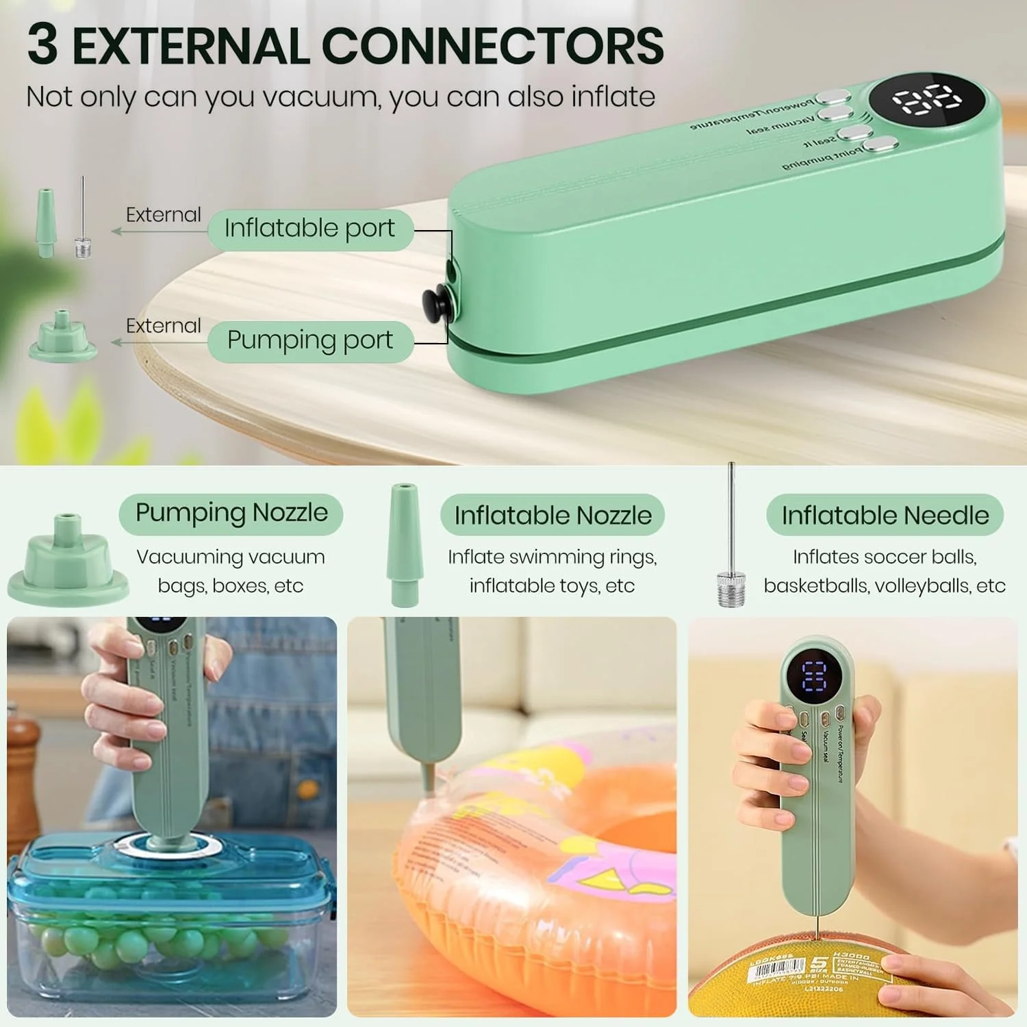 دستگاه وکیوم کوچک غذا، دستگاه سیلر شارژی 3 در 1 برای نگهداری مواد غذایی خشک/مرطوب به همراه 5 کیسه وکیوم، دستگاه پرس حرارتی برای بسته بندی چیپس، پمپ باد برای توپ/حلقه شنا - سبز