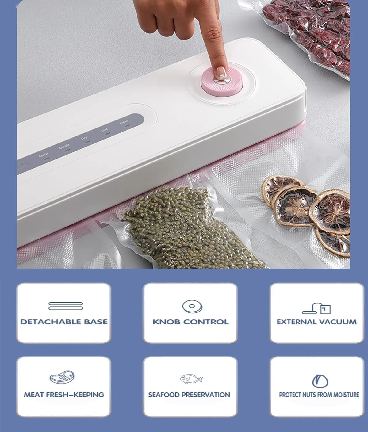 دستگاه وکیوم سیلر مواد غذایی سولون زگر، همراه با رول و کیسه های نگهداری وکیوم، دستگاه سیلینگ تمام اتوماتیک با دکمه چرخشی و چراغ های نشانگر LED، شلنگ مکش هوا و برش (سفید-صورتی)