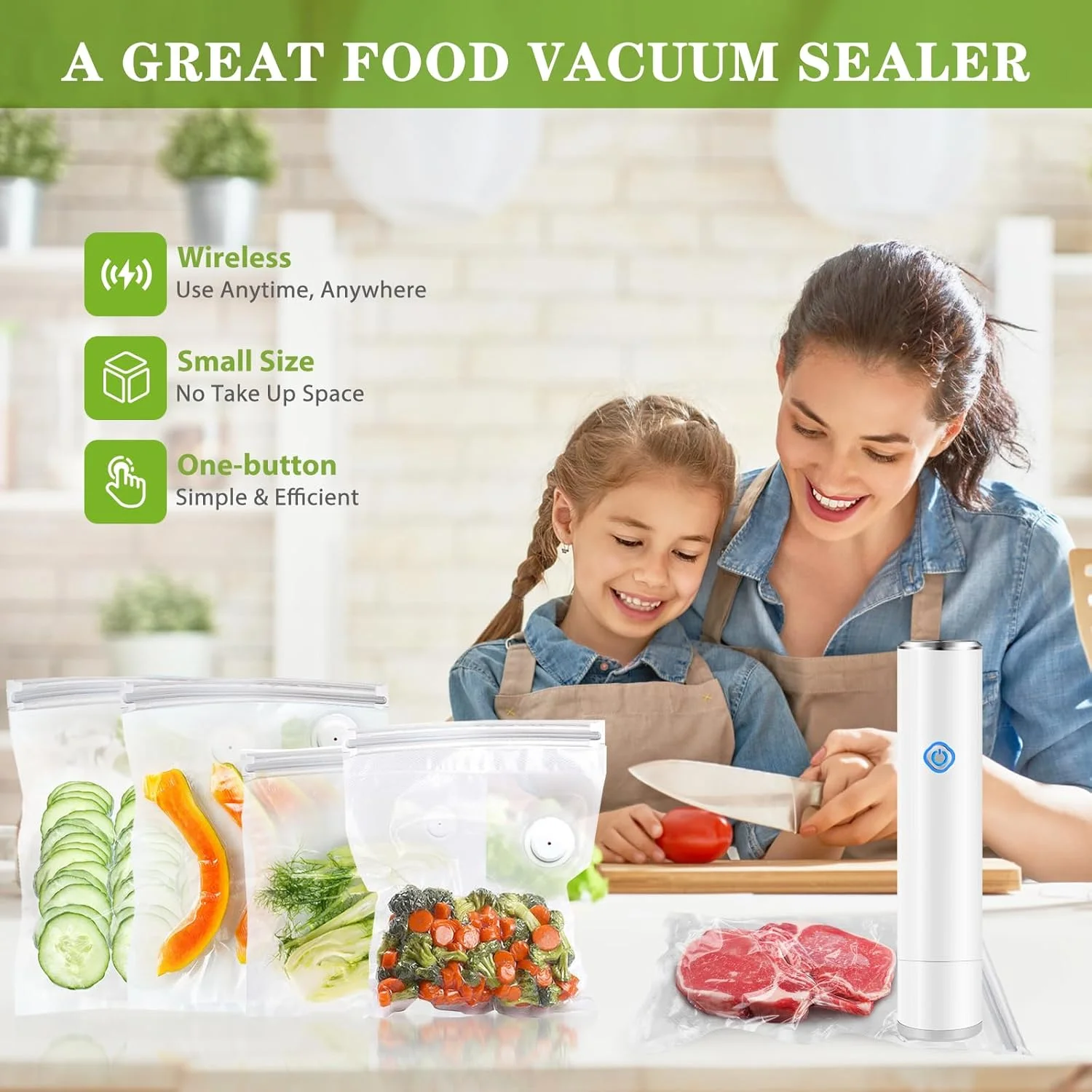دستگاه وکیوم سوپر زک برای غذا - دستگاه وکیوم دستی بی سیم با 10 کیسه وکیوم، دستگاه وکیوم برای نگهداری و تازگی غذا - سفید