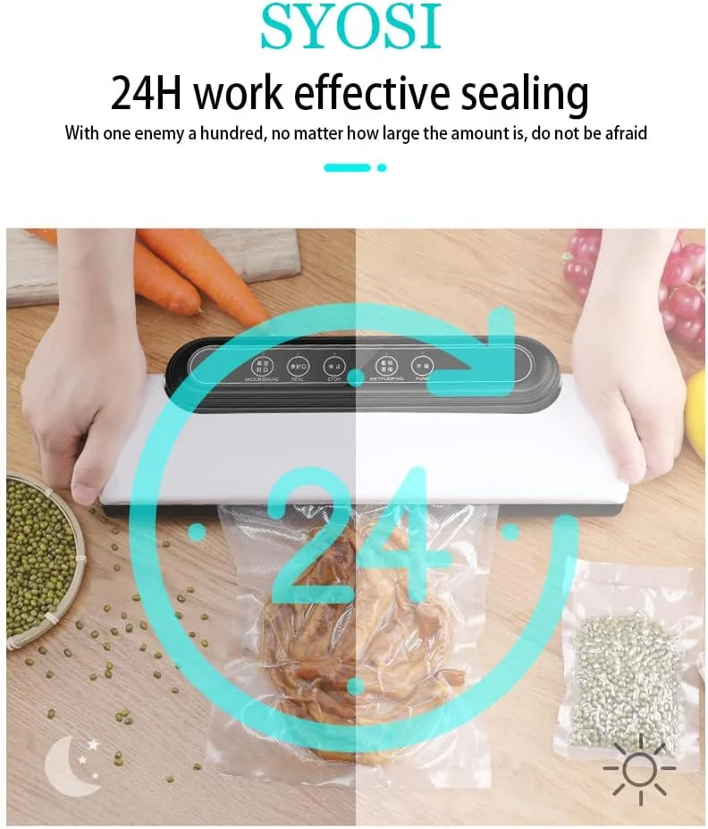 دستگاه وکیوم سیلر SYOSI برای نگهداری مواد غذایی، سیستم پلمپ هوای اتوماتیک، حالت های غذای خشک، مرطوب، روغنی و پودری، 30 سانتی متر، دکمه لمسی، همراه با 10 کیسه وکیوم